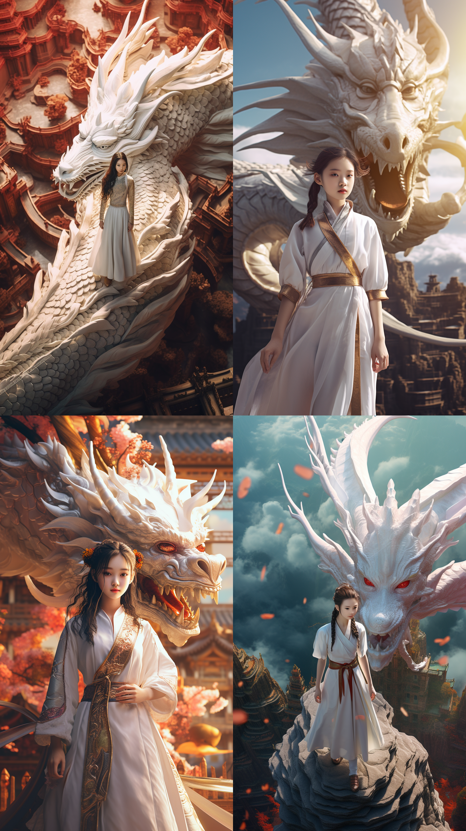 drone view,in front of the relievo dragon stands a chinese beautiful girl,12 years old,white,wearing a gorgeous hanfu，chinese relievo dragon,dream scene, grand scene,chinese dragon,c4d rendering,surrealism,meticulous design, asymmetrical balance,master works, movie lighting, fine details, color grading