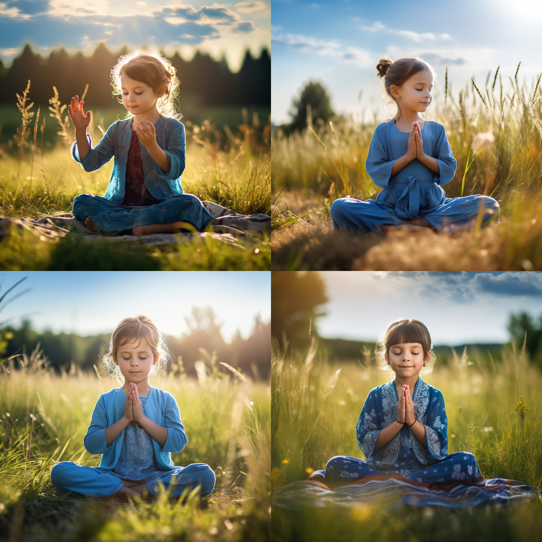 小女孩齐耳短发，穿着蓝色裙子，身姿优雅地练习瑜伽。她位于户外草地上，背景是美丽的自然风光。照片以正中构图展现她与大自然的和谐。用广角镜头拍摄，明亮的阳光洒在她身上，呈现出明亮的色彩和轻松愉悦的情绪。