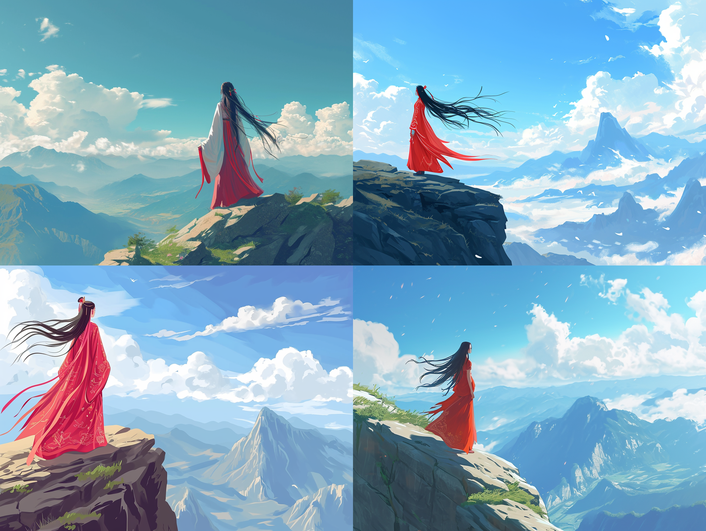 穿着中国民族服饰的卡通女孩背影，站在山顶，远处是壮丽的山脉和蓝天白云，风吹起她的长发，身姿优雅。明亮清晰，大光圈，远景，长焦镜头，自然光，轻柔色调，宁静，自由，神秘。