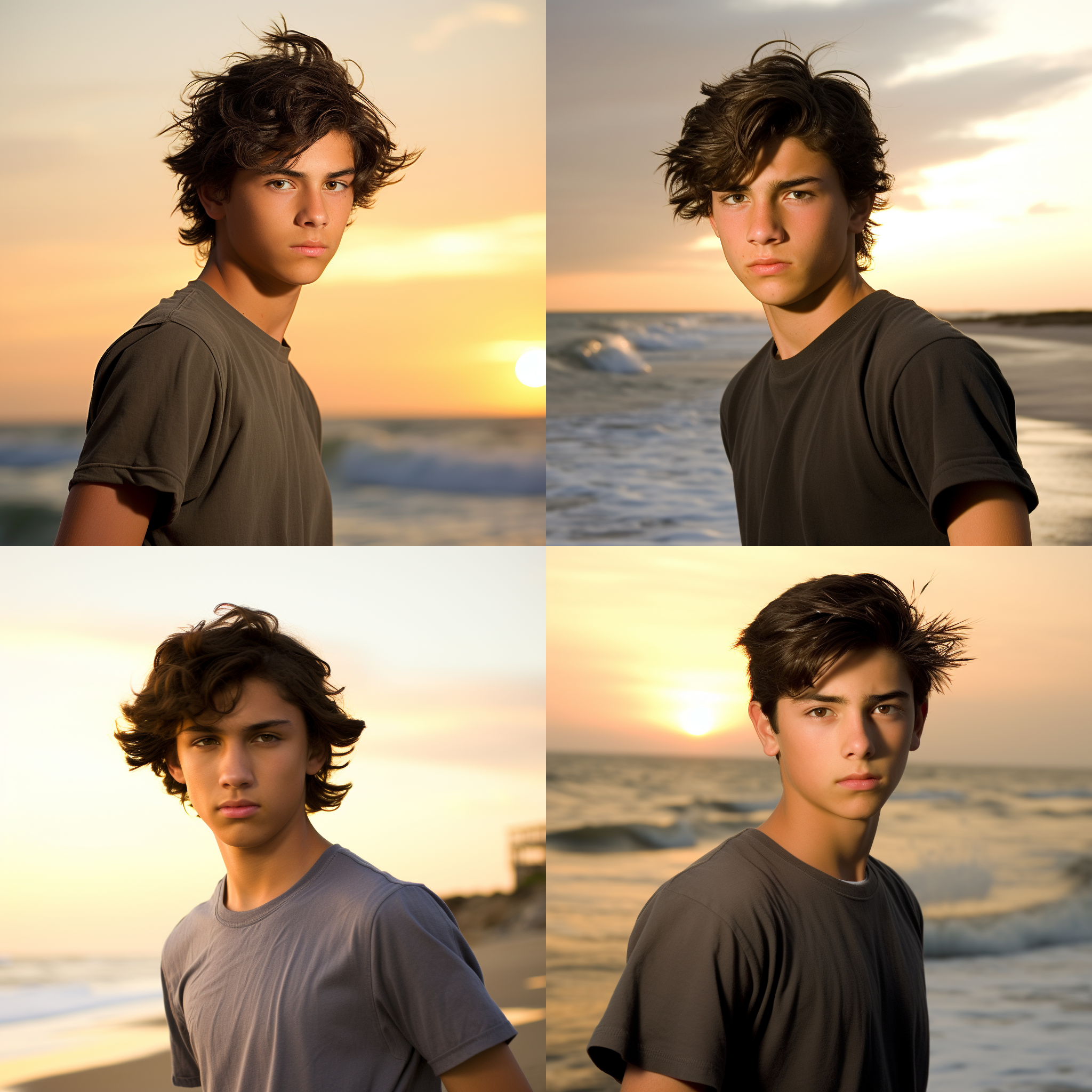 少年十六岁，肌肉发达，黑发，黑眼睛，古铜色肤色，俊美。他站在沙滩上，背对海浪，迎着夕阳。构图简洁大气，背景开阔，配以朦胧的金黄色调。广角镜头捕捉到他的英姿，凸显力量感。阳光透过云层洒在他身上，形成柔和的侧光效果，凸显他的轮廓。图片中充满了活力和自信，令人心旷神怡。