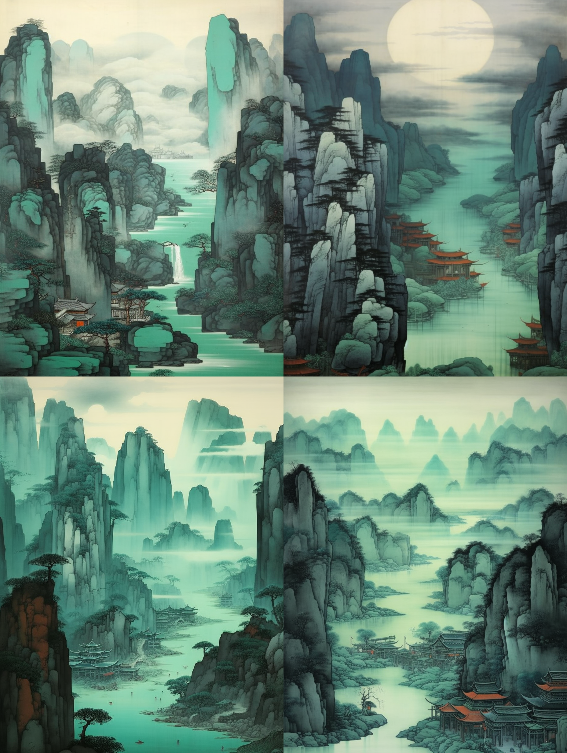 新式中国山水画，工笔山水，青灰绿山水，薛亮风格，高远，高古，神秘，线条清晰，高饱和色彩。