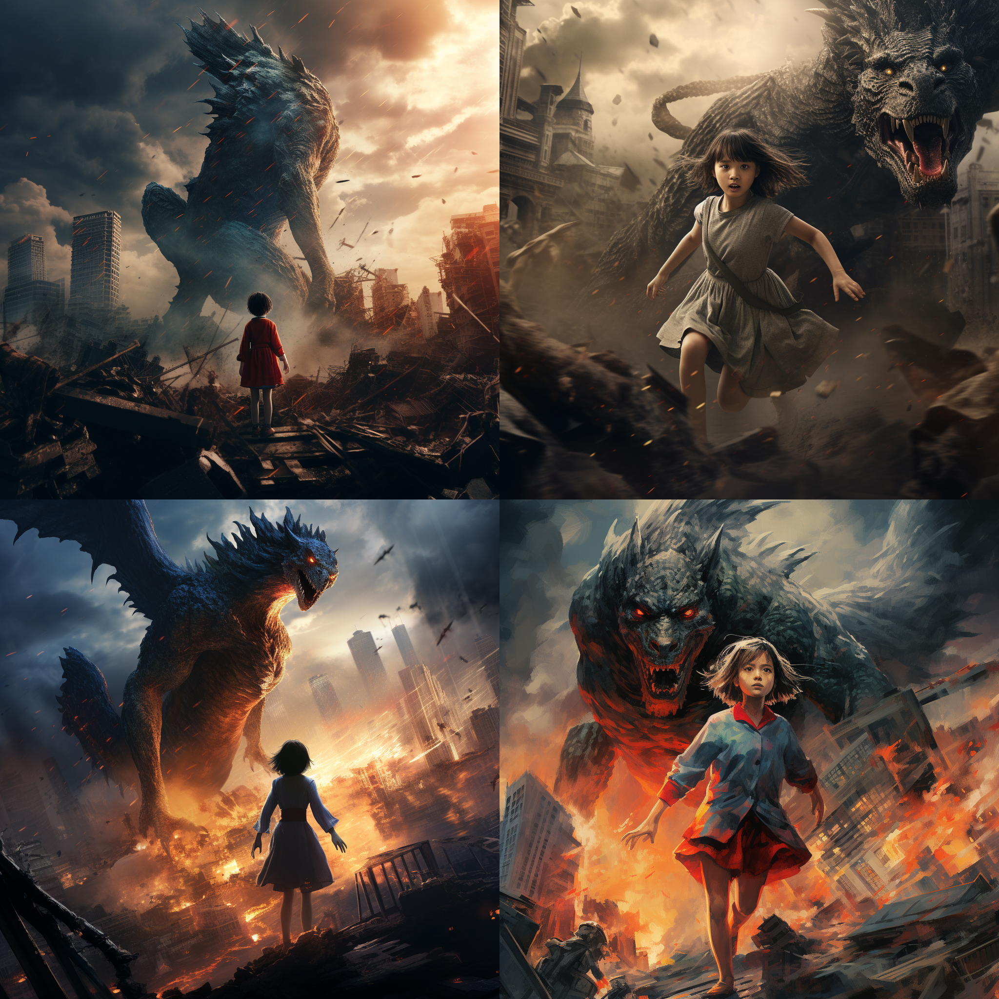 短发少女大战哥斯拉，城市废墟中，披风飞舞，英雄主义，低角度，广角镜头，黑暗色调，爆炸光线，震撼人心，动作凌厉，紧张刺激。