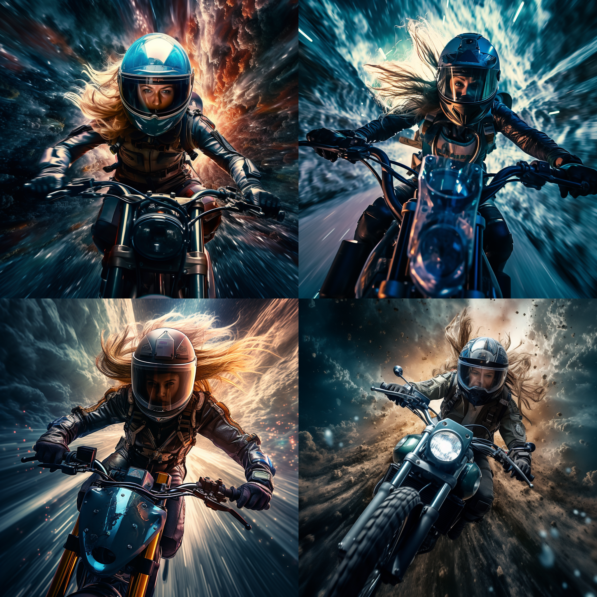 长发少女在太空骑摩托，背景是星云和宇宙风景，摩托车呈斜线构图，用鱼眼镜头拍摄，画面充满动感。少女身着紧身战斗服，长发飘扬，眼神坚定，充满勇气和自信。色调以暖色为主，橙色和紫色的光线照亮整个画面，营造出神秘而壮观的氛围。