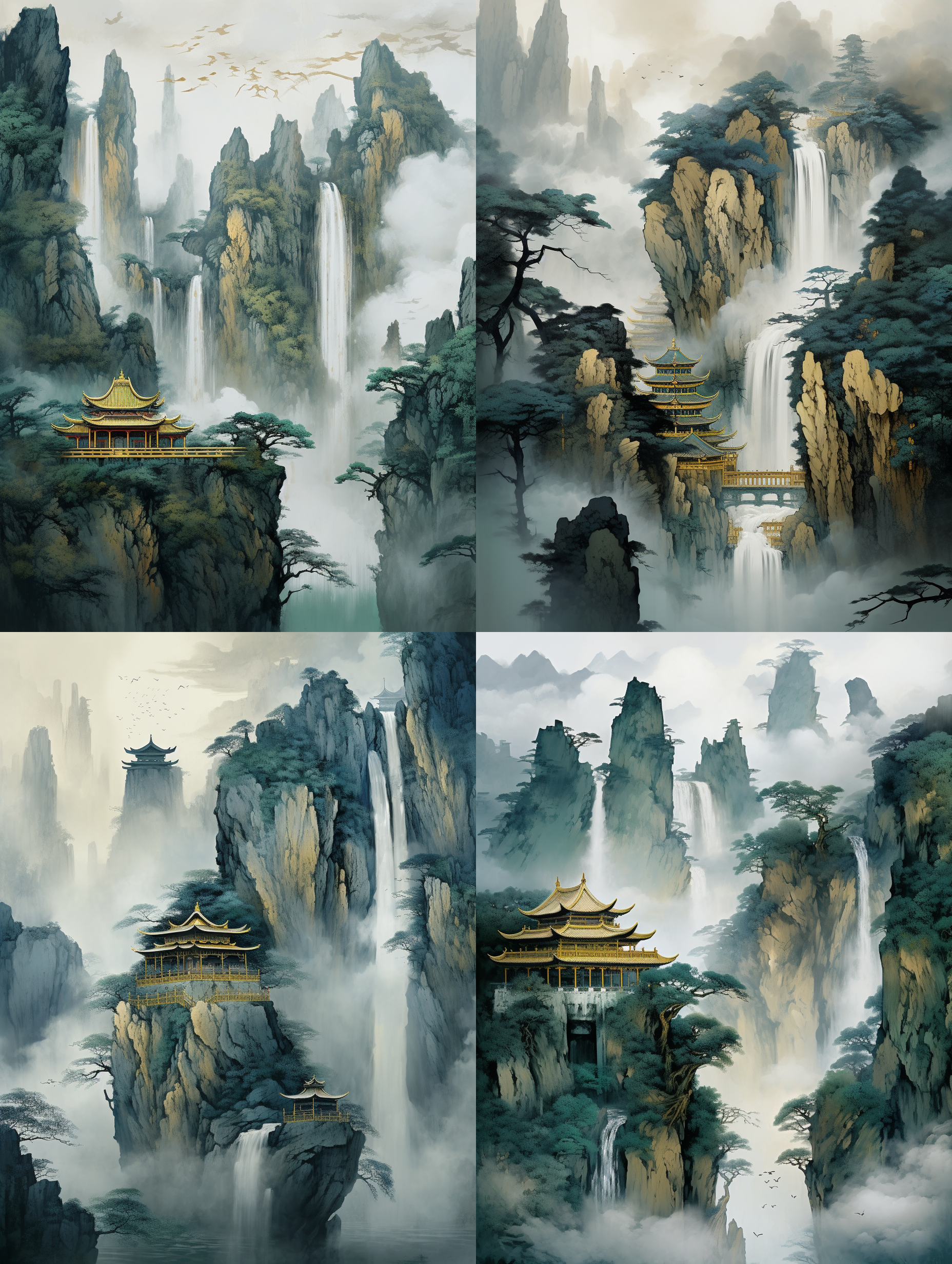 中国，金蓝绿山水亭树，艺术创作，瀑布，纹理，镀金，液态金，极简色域，写意，白色，有机形态，简洁背景。