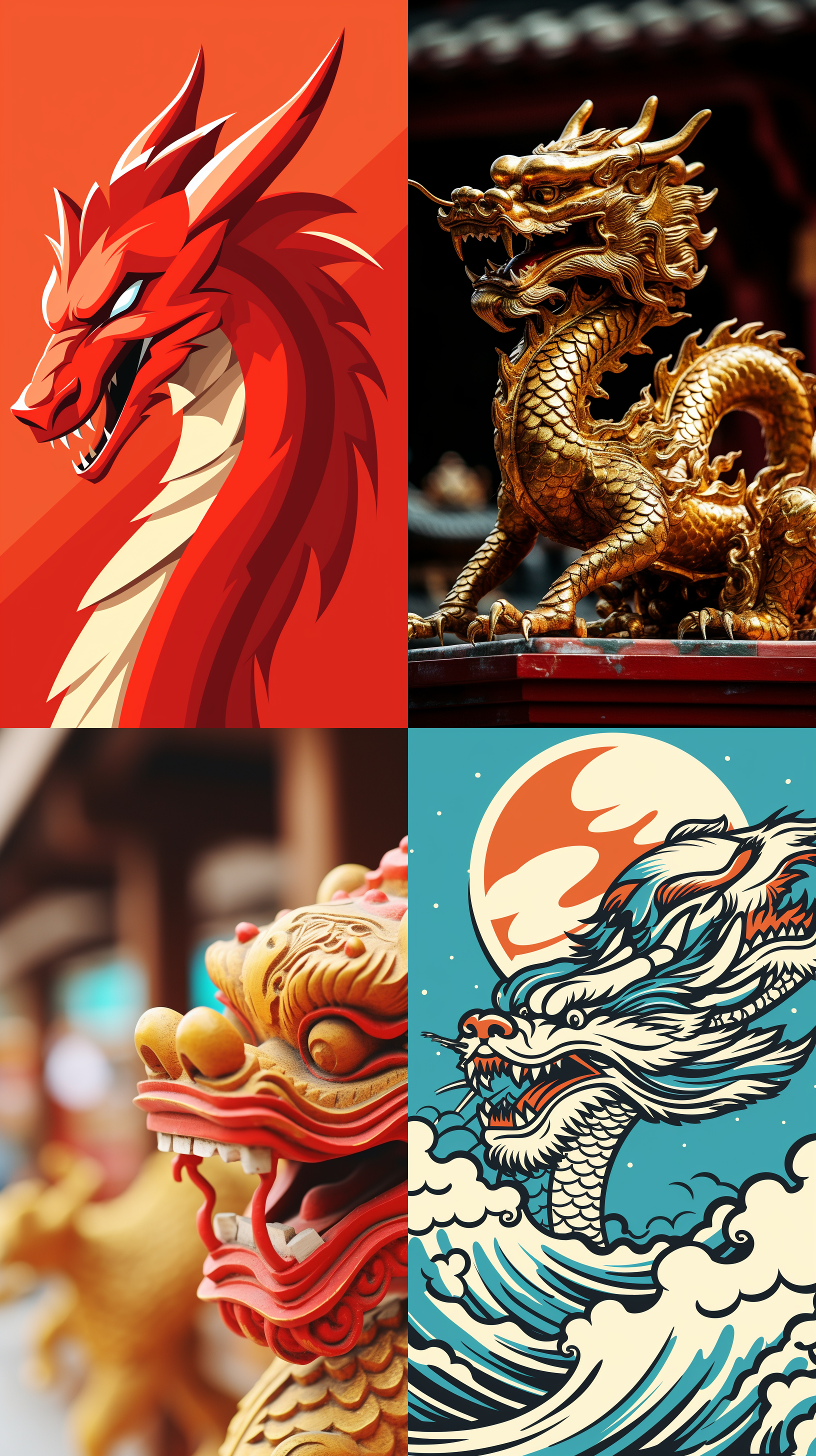 中国龙，红色背景，传统元素装饰，完整构图，明亮而柔和的光线，细节丰富，眼神友善，喜庆的颜色，欢乐的氛围，数字2024，汉字春，最佳质量，高清画质。