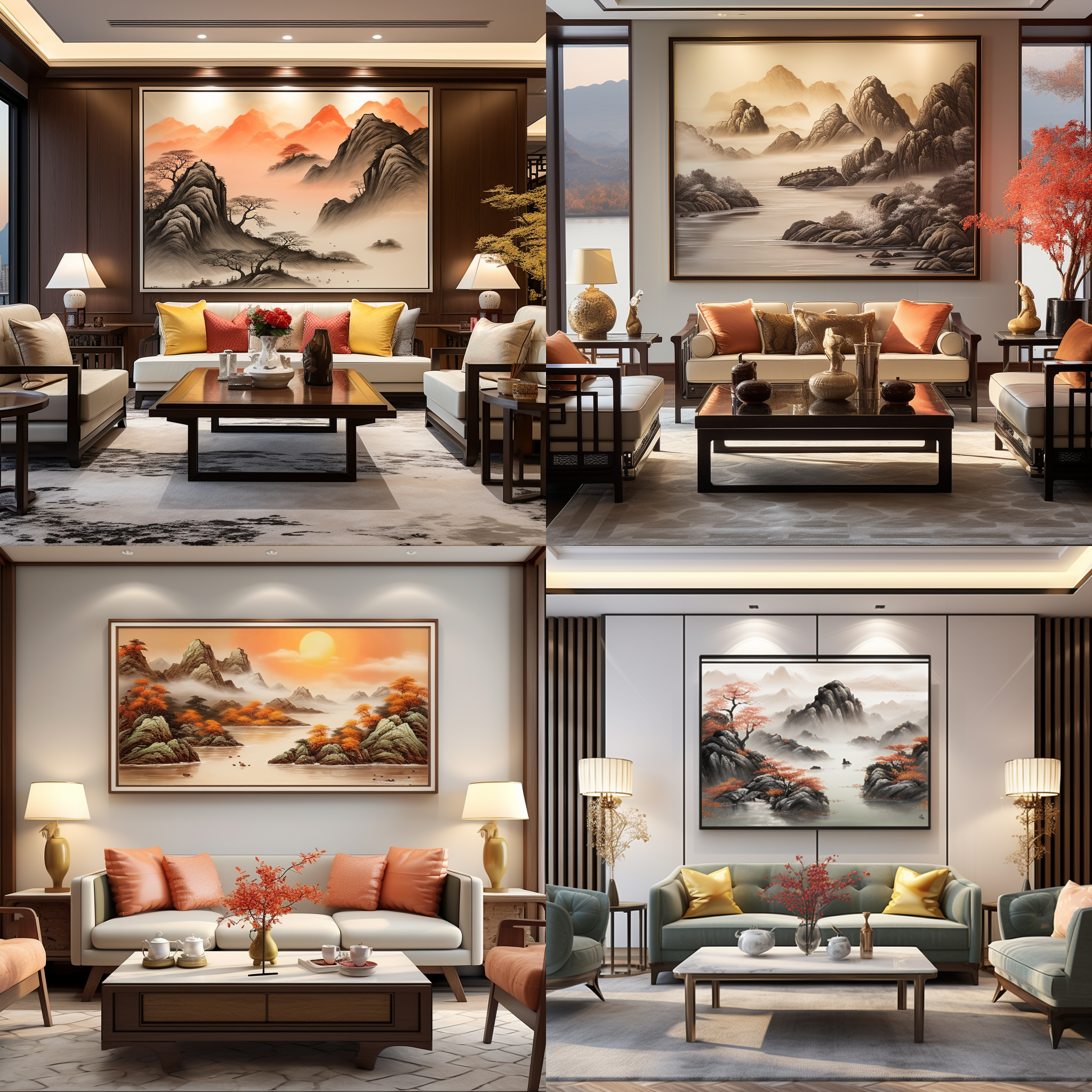 山水风景装饰画，客厅，暖色灯光，新中式装修风格。画面中展现了一幅绘有山水的装饰画，摆放在客厅的墙壁上。暖色灯光营造出舒适的氛围，与新中式装修风格相得益彰。画面构图以山水为主题，采用广角镜头，突出远近景深。整体色调温暖，给人以宁静和放松的感觉。