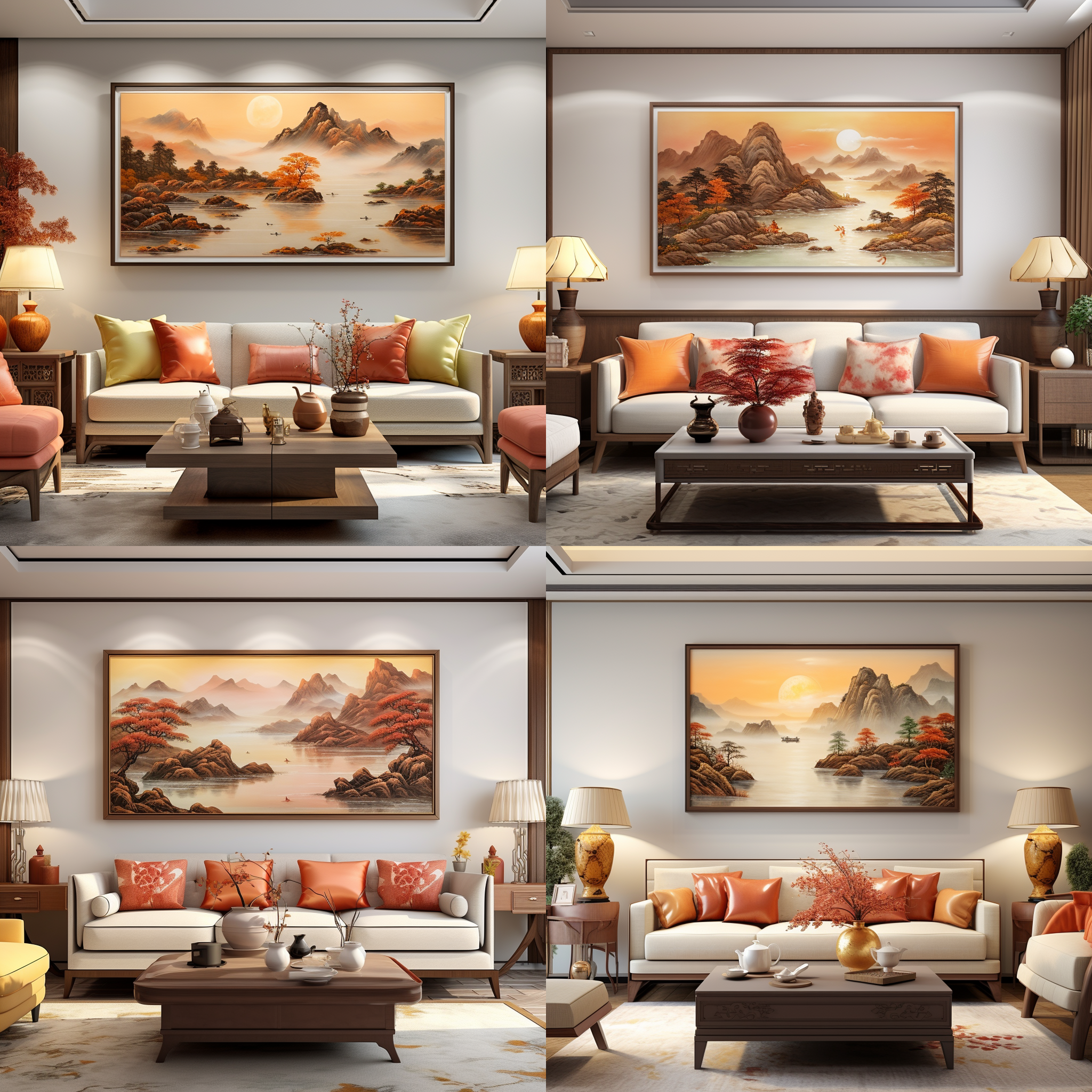 山水风景装饰画，客厅，暖色灯光，新中式装修风格。画面中展现了一幅绘有山水的装饰画，摆放在客厅的墙壁上。暖色灯光营造出舒适的氛围，与新中式装修风格相得益彰。画面构图以山水为主题，采用广角镜头，突出远近景深。整体色调温暖，给人以宁静和放松的感觉。