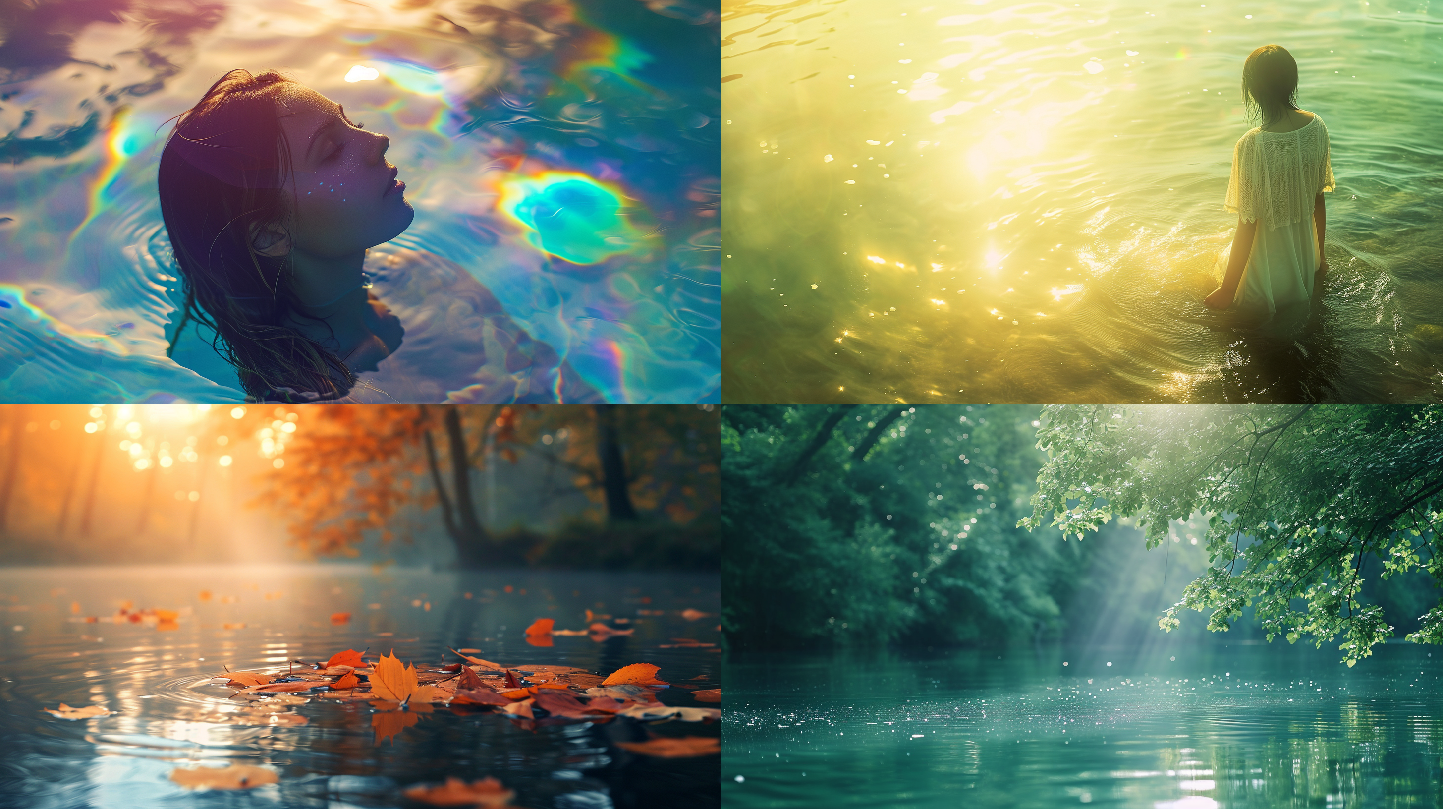治愈魔幻壁纸，光晕特效，柔和色调，环境自然，广角镜头，柔光，静态，亮度适中，水面上，色彩丰富，带有神秘感，令人心旷神怡。