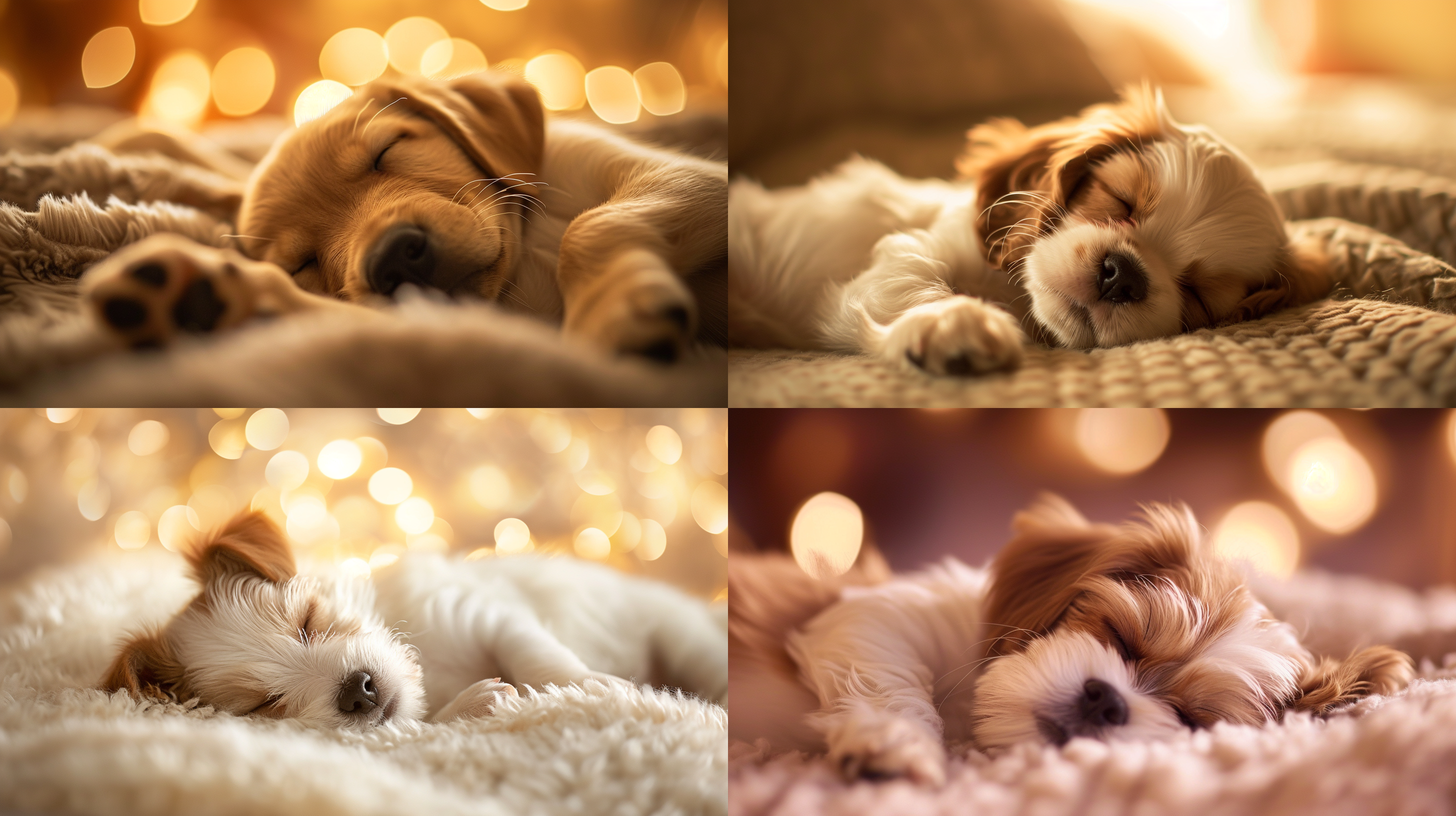 法斗幼犬，柔和光线，浅景深，毛绒绒的背景，温暖色调，近距离特写，睡觉，可爱的表情，无忧无虑。