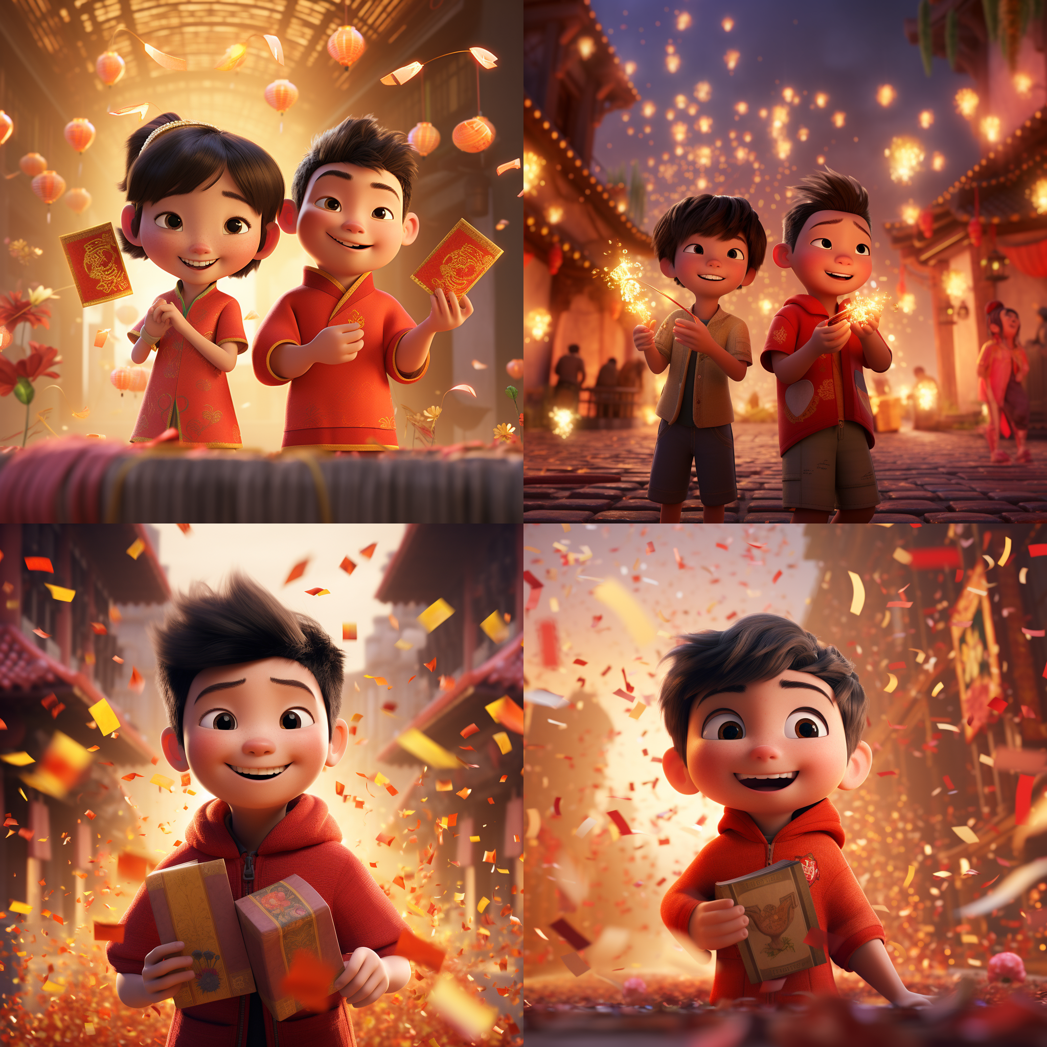 the spring festival is here, and children are setting off firecrackers and posting couplets at the door. portrait photography from disney pixar studios vivid color, natural-light,dof, 4k, high quality 宽:高为10:19