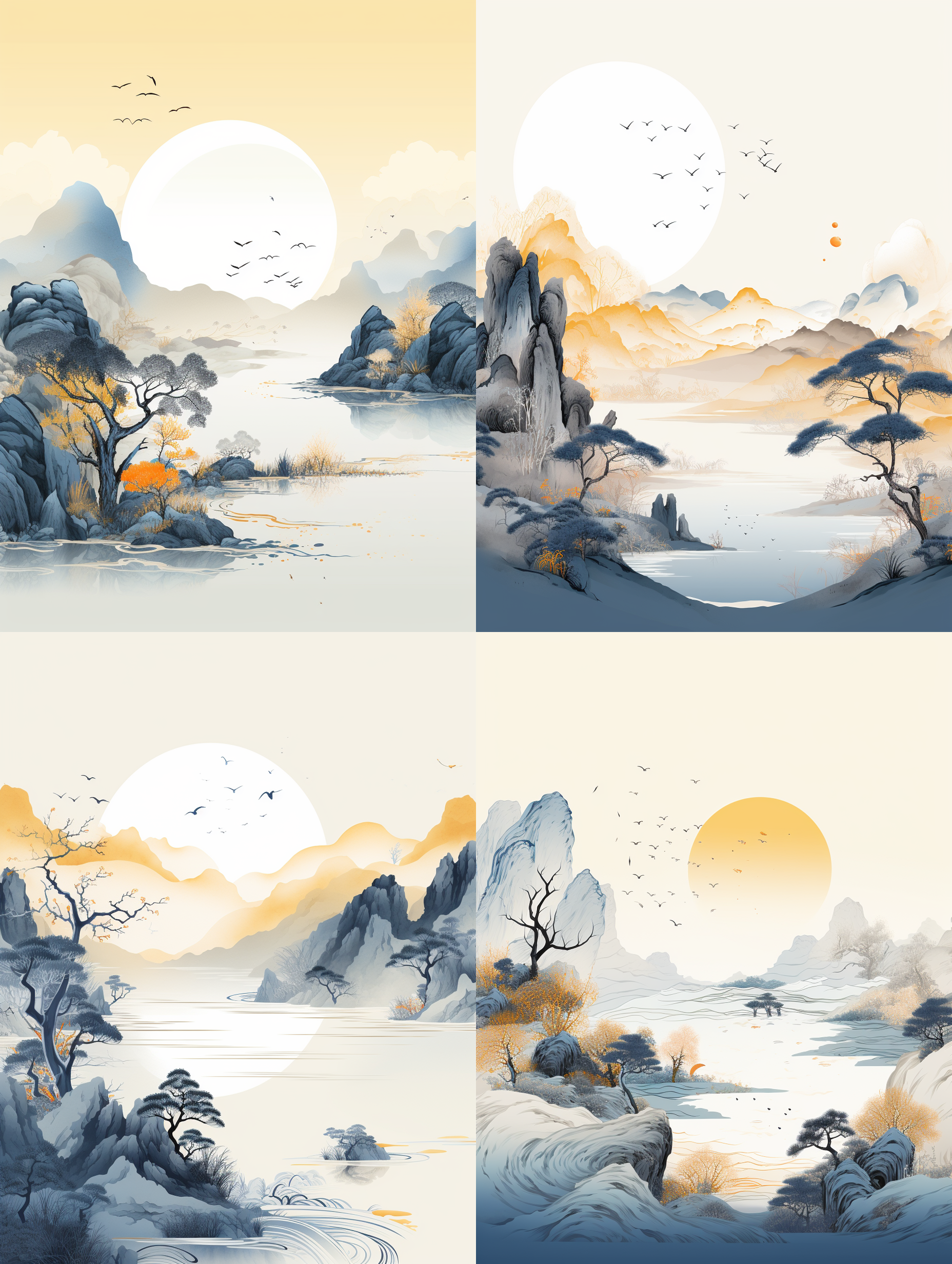 现代极简风插画，水山脉，秋天的树木，水墨画线条描绘山和形状，浅黄色和深蓝色，8k 分辨率，图案布料，蜈蚣，宁静的表情，历史插图，吴昌硕的作品。