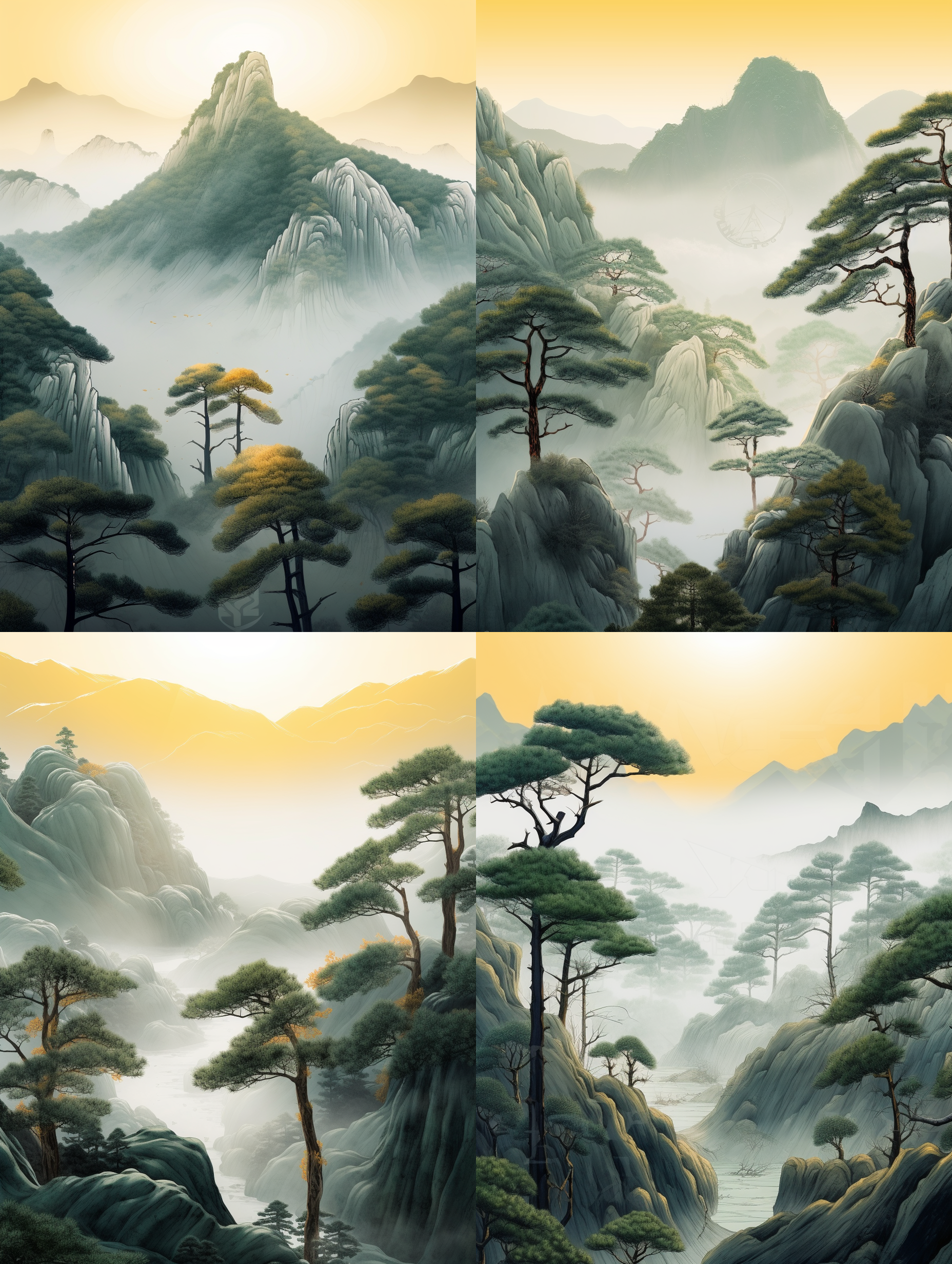 玉石山，松树环绕，清晨景色。对角线构图，广角镜头，自然光线，柔和色调，静谧氛围，苍翠与石灰岩的对比，静态。