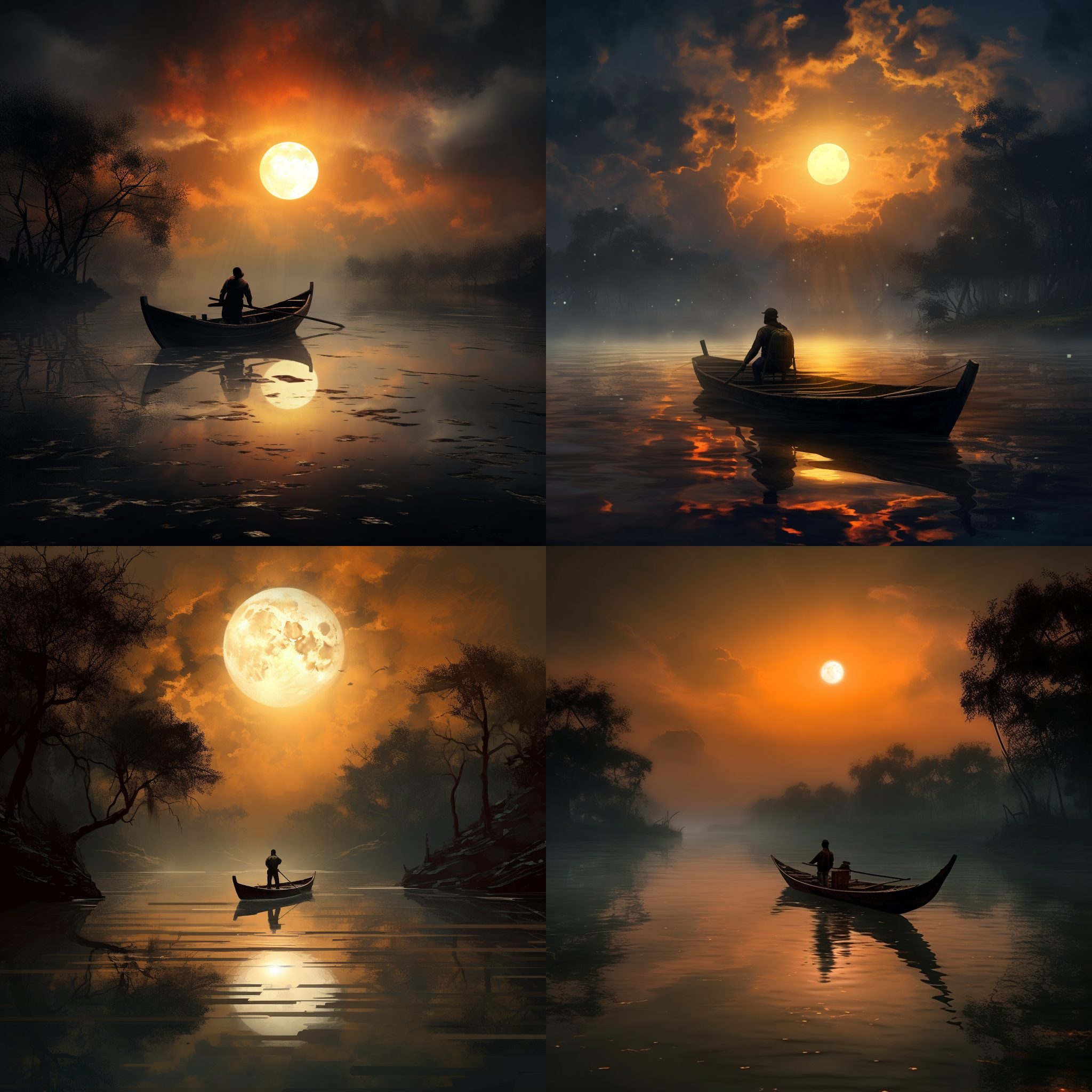 移舟泊烟渚，日暮客愁新。野旷天低树，江清月近人。水面上停着一艘小船，船上有一个孤独的旅行者，他望着远方的夕阳，心中充满了无尽的忧愁。周围是广阔的田野和低矮的树木，天空低垂，江水清澈，月亮近在咫尺，给人一种宁静而又孤寂的感觉。夕阳将整个画面染上了温暖的色调，突出了主题的忧郁情绪。