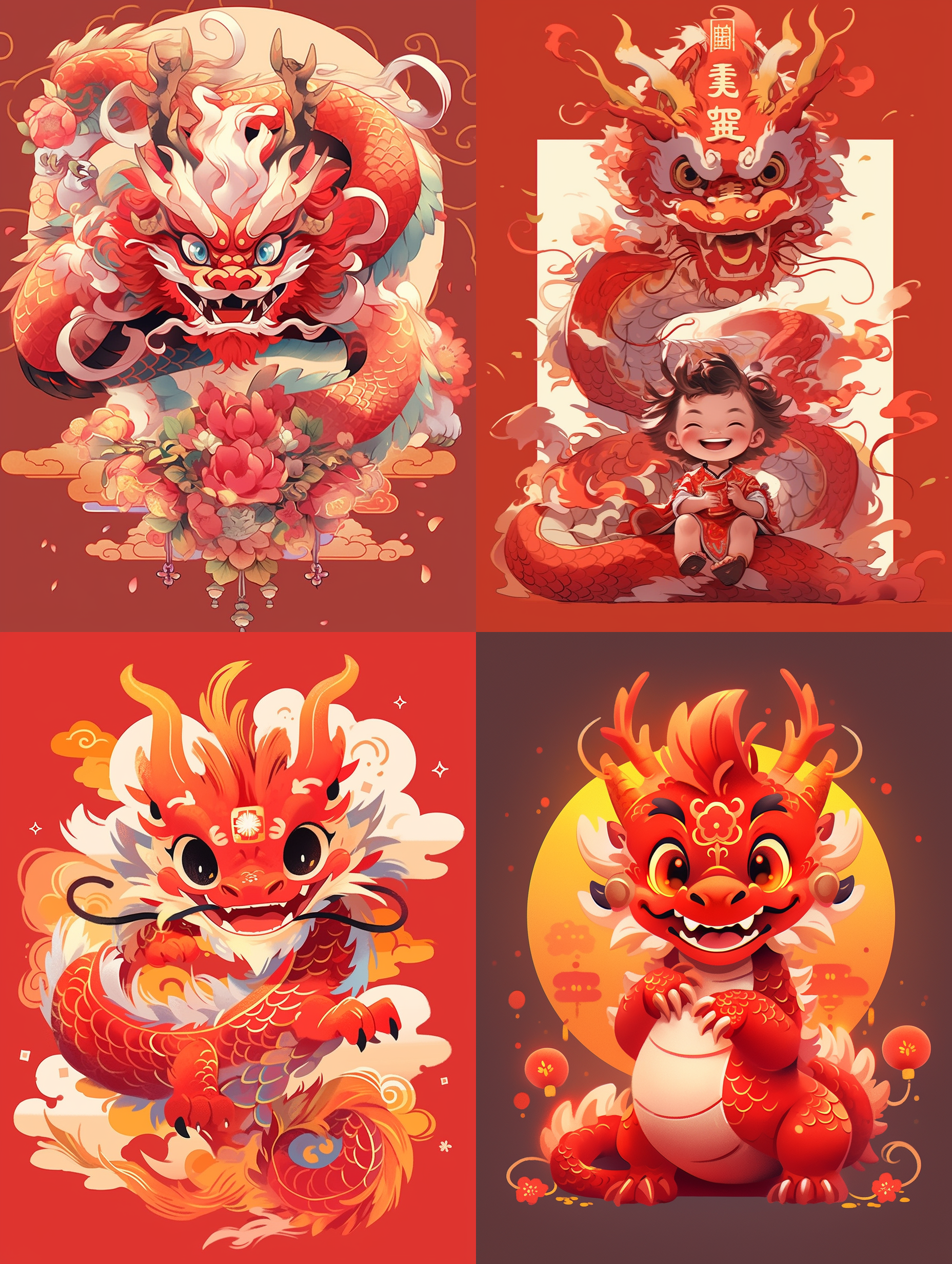 中国风小龙，可爱摆pose，红色背景，传统元素装饰，宽广的构图，明亮而柔和的光线，细节丰富，眼神友善，龙的爪子摆出v型，喜庆的颜色，欢乐的氛围。