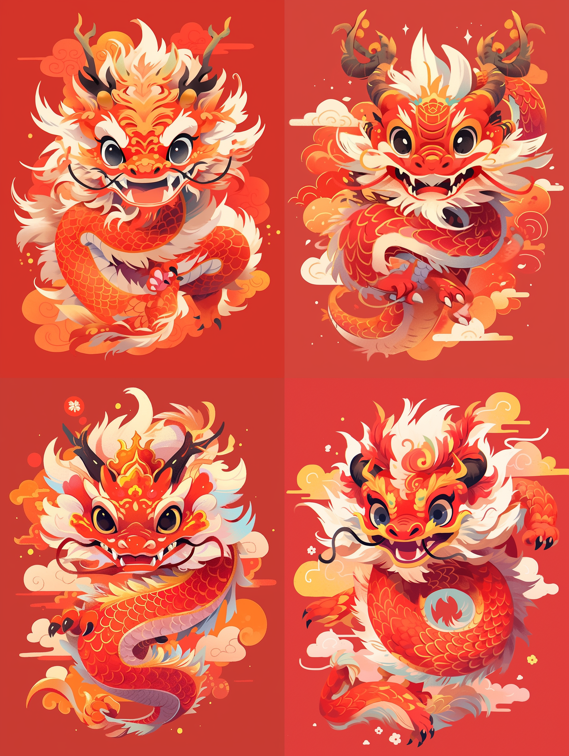 中国风小龙，可爱摆pose，红色背景，传统元素装饰，宽广的构图，明亮而柔和的光线，细节丰富，眼神友善，龙的爪子摆出v型，喜庆的颜色，欢乐的氛围。