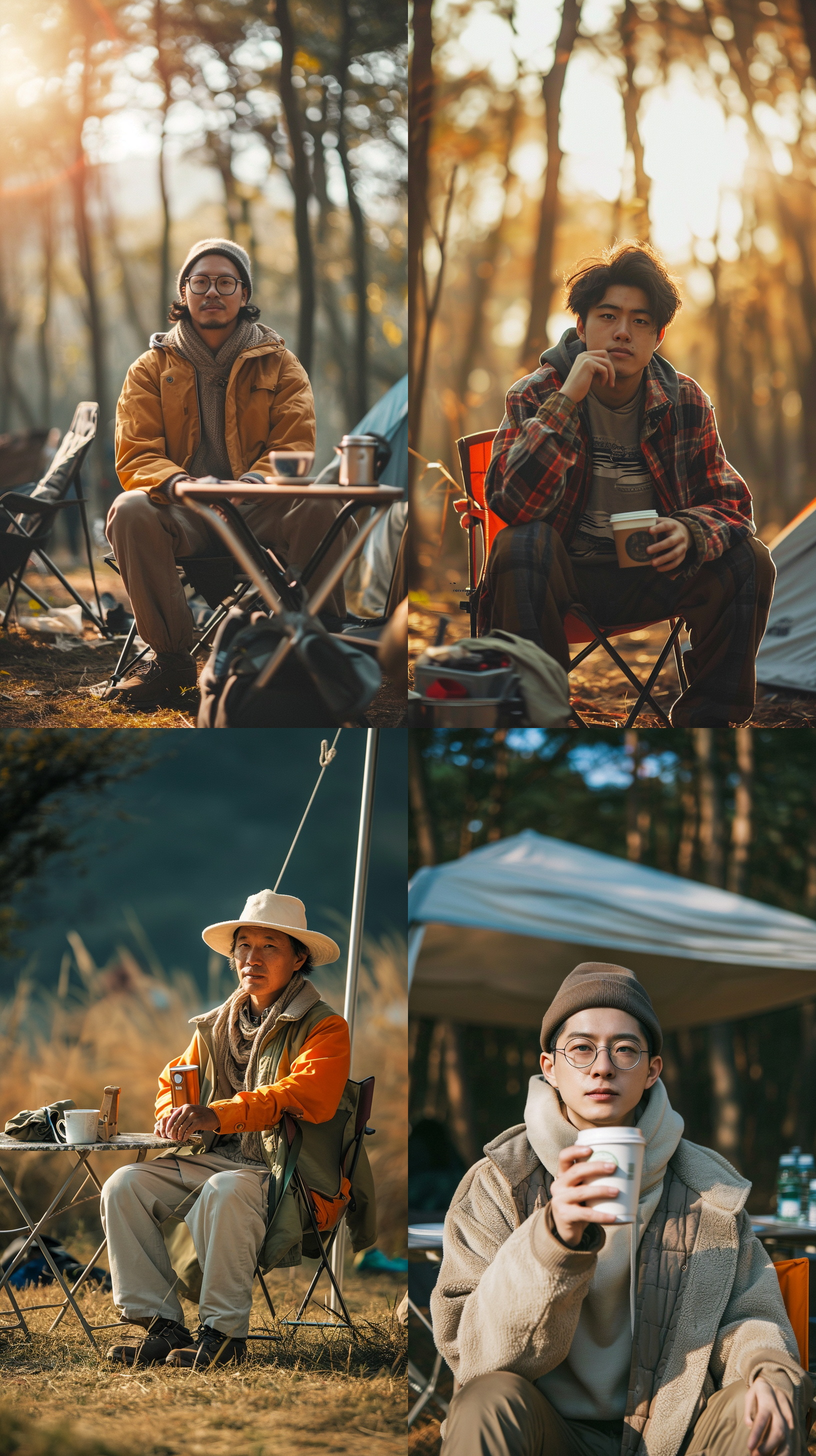 阳光明媚，野外露营，两东方男子，衣着时尚简约，折叠桌椅，喝咖啡，人正面对着镜头，柔和自然光线，色彩饱和度适中，友谊、宁静、温暖、自由自在。