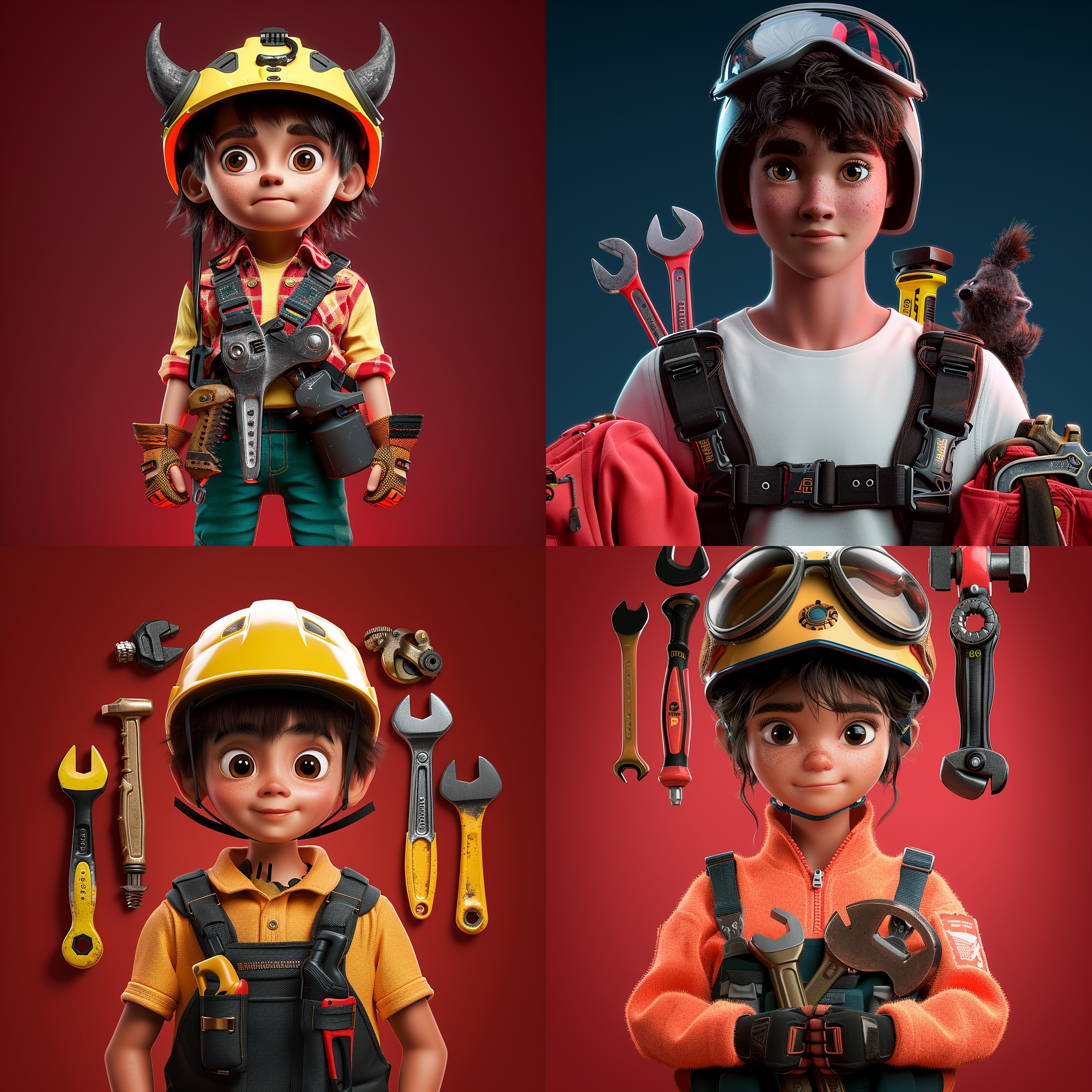 迪士尼风格男孩微笑，戴头盔，手持扳手，c4d风格，3d渲染，明亮场景，细节精致，鲜艳色彩，温暖光线，表情愉悦，活泼可爱，动态姿态。