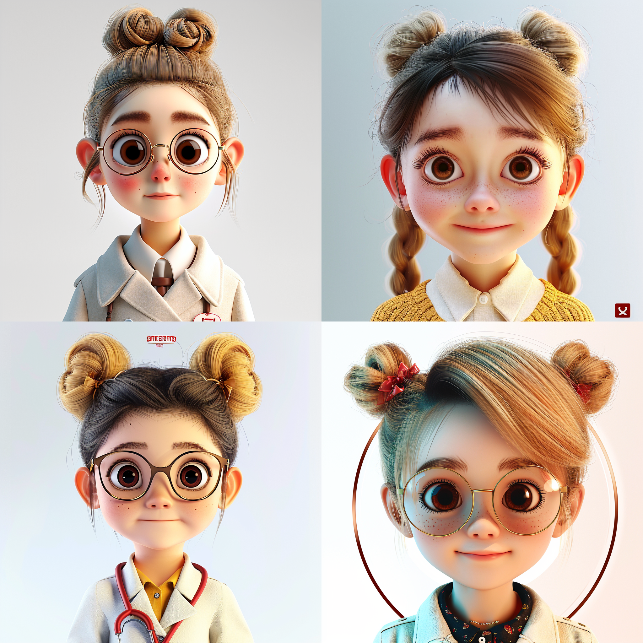 可爱时尚小女孩，白色背景，大眼睛微笑中，迷人医生角色插图，cinema4d，c4d，柔和色彩融合，全身照，8k。