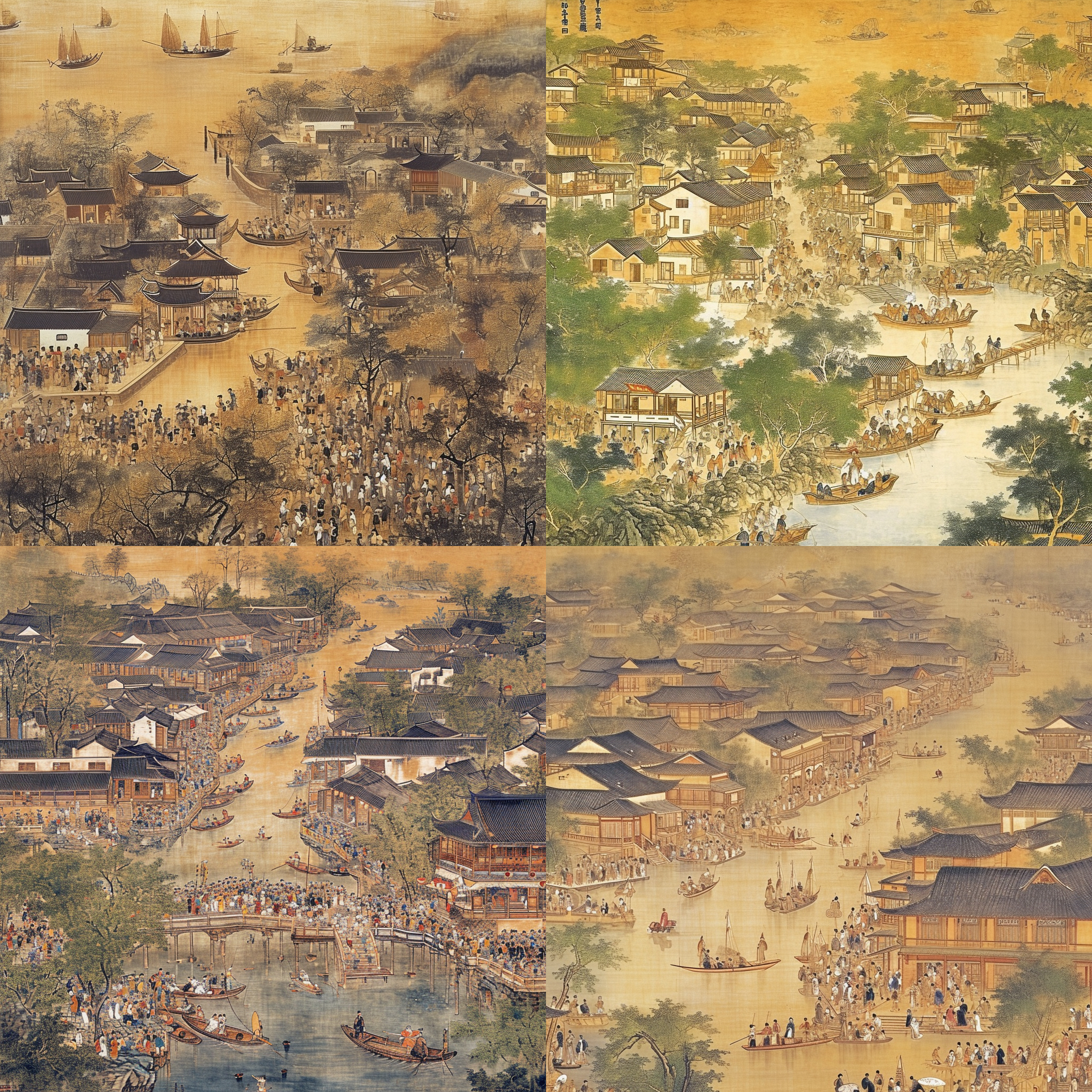 清明上河图，广阔的画面，细腻的绘画风格，描绘了繁忙的城市生活。人群在河边熙攘，船只穿行其中，房屋错落有致，树木郁郁葱葱。色彩丰富鲜明，给人以热闹喧嚣之感。