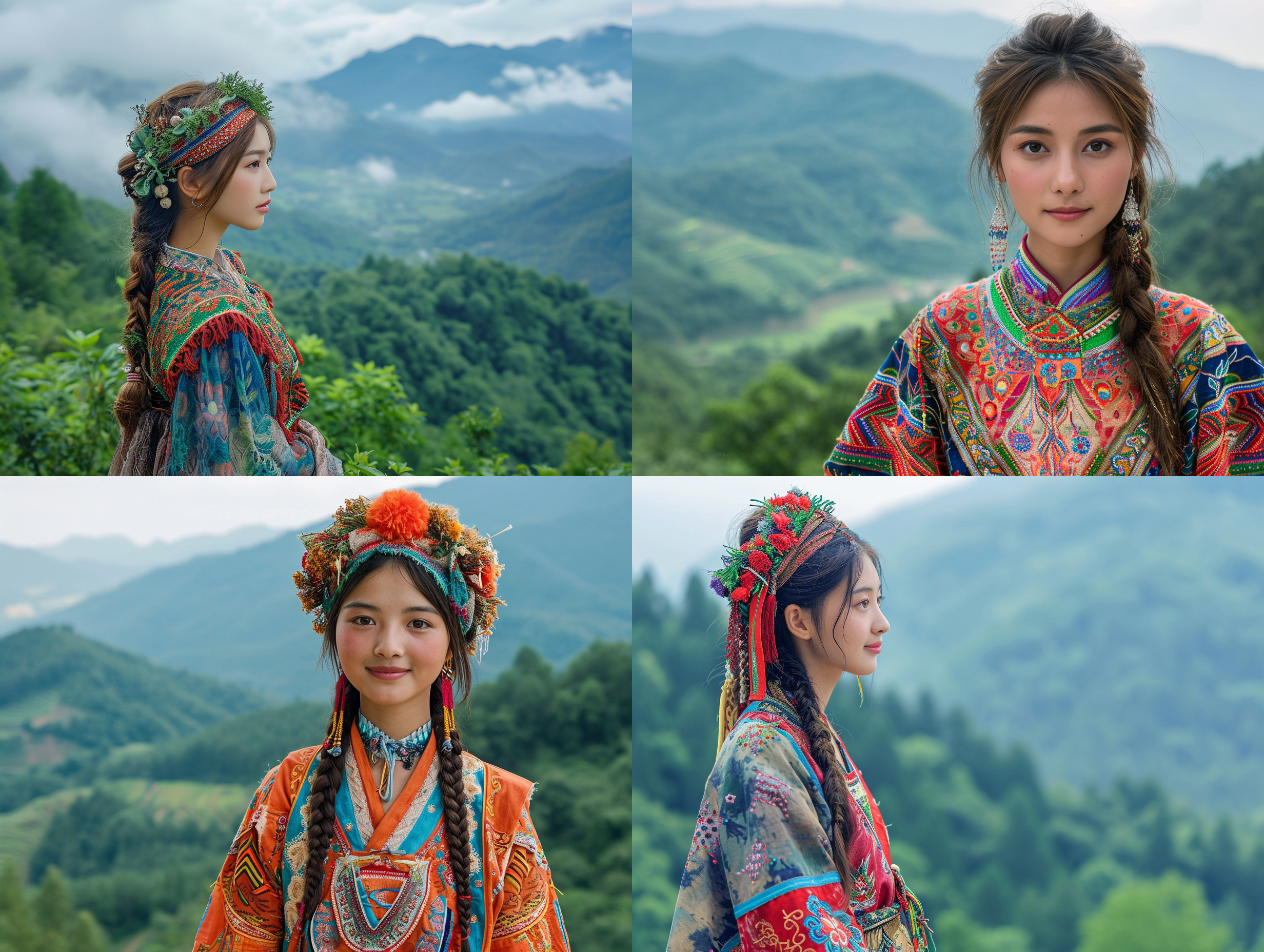 贵州兴义万峰林，布依族美女，20岁，身材好。远景中，美女穿着传统布依族服饰，站在万峰林的山顶上，背后是壮丽的山峦和茂密的绿树。图像风格自然真实，明亮的色彩和柔和的光线增强了她的青春活力和自然之美。