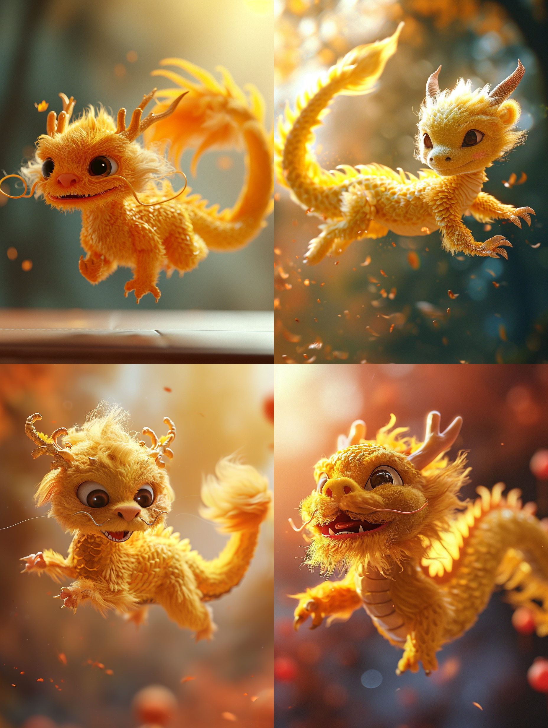 黄色毛茸茸飞起来的中国小龙，呆萌，纯色渐变背景，高品质，皮克斯风格，柔光，可爱，温暖，细节丰富，饱和度高，焦距长，浅景深。