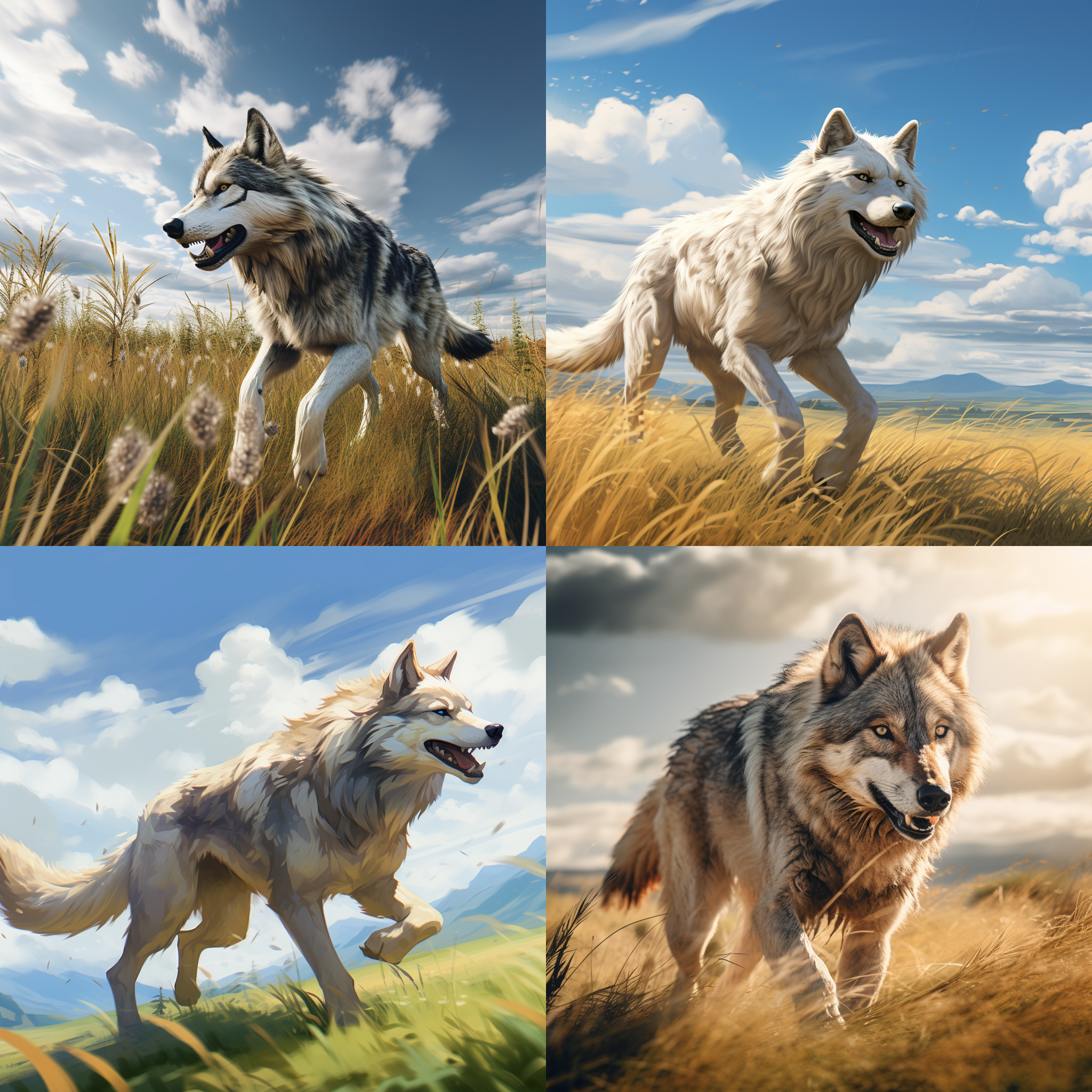 草原狼迎风奔跑，背景是广阔的草原，大片蓝天，阳光透过云层洒在身上，形成明暗交错的效果。狼的毛发细腻且清晰可见，眼神锐利而专注。整体色调以自然色为主，突出狼的野性与力量。广角镜头捕捉到狼的全身，带来强烈的动感与震撼。