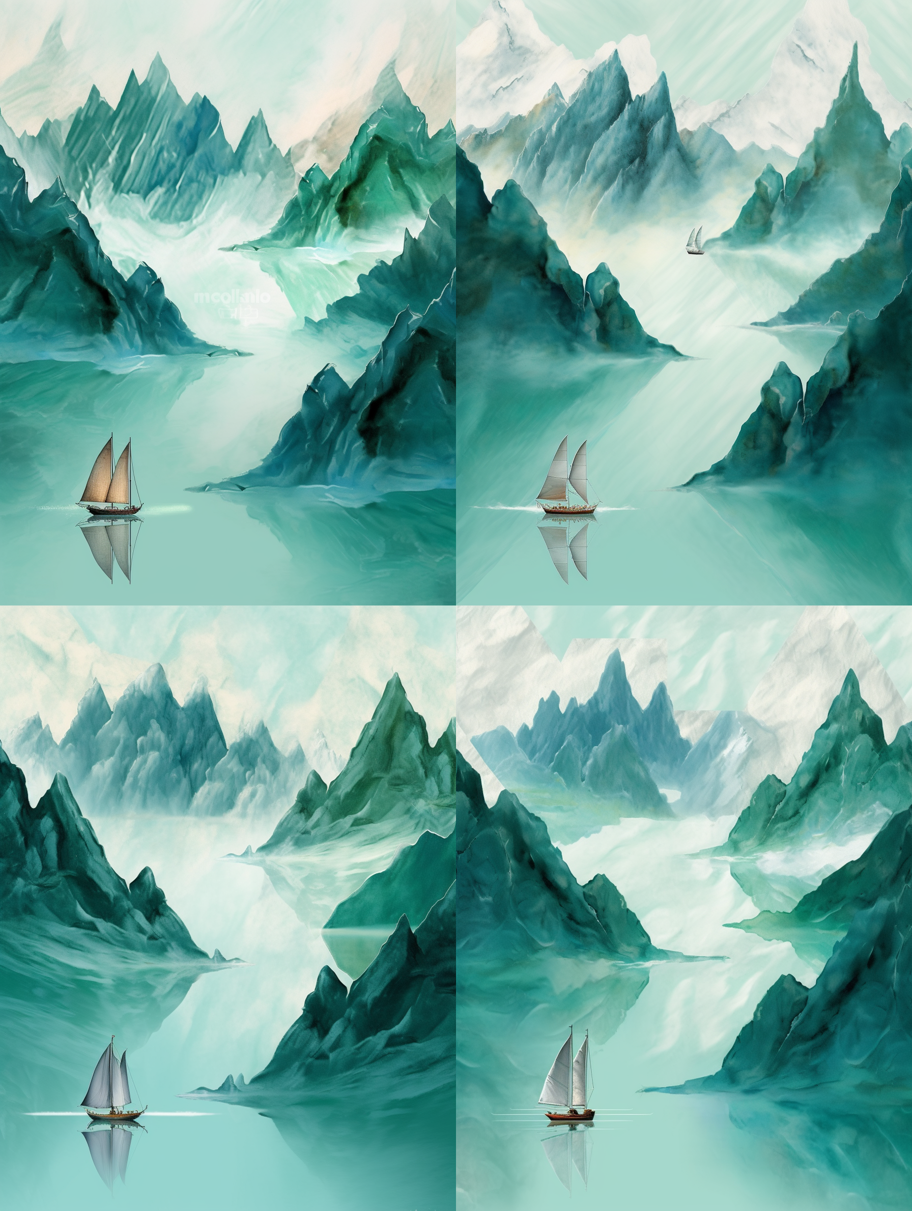 玉石山上，松树苍翠挺立，远帆一行行点缀天际。构图饱满，风景壮丽。采用广角镜头捕捉广阔的山脉和湖泊，色彩鲜明，表现出宁静与宏伟。