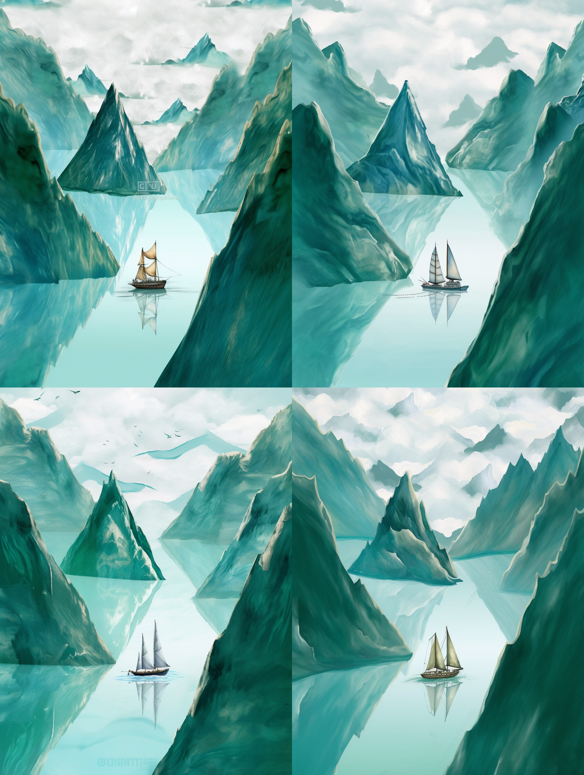 玉石山上，松树苍翠挺立，远帆一行行点缀天际。构图饱满，风景壮丽。采用广角镜头捕捉广阔的山脉和湖泊，色彩鲜明，表现出宁静与宏伟。