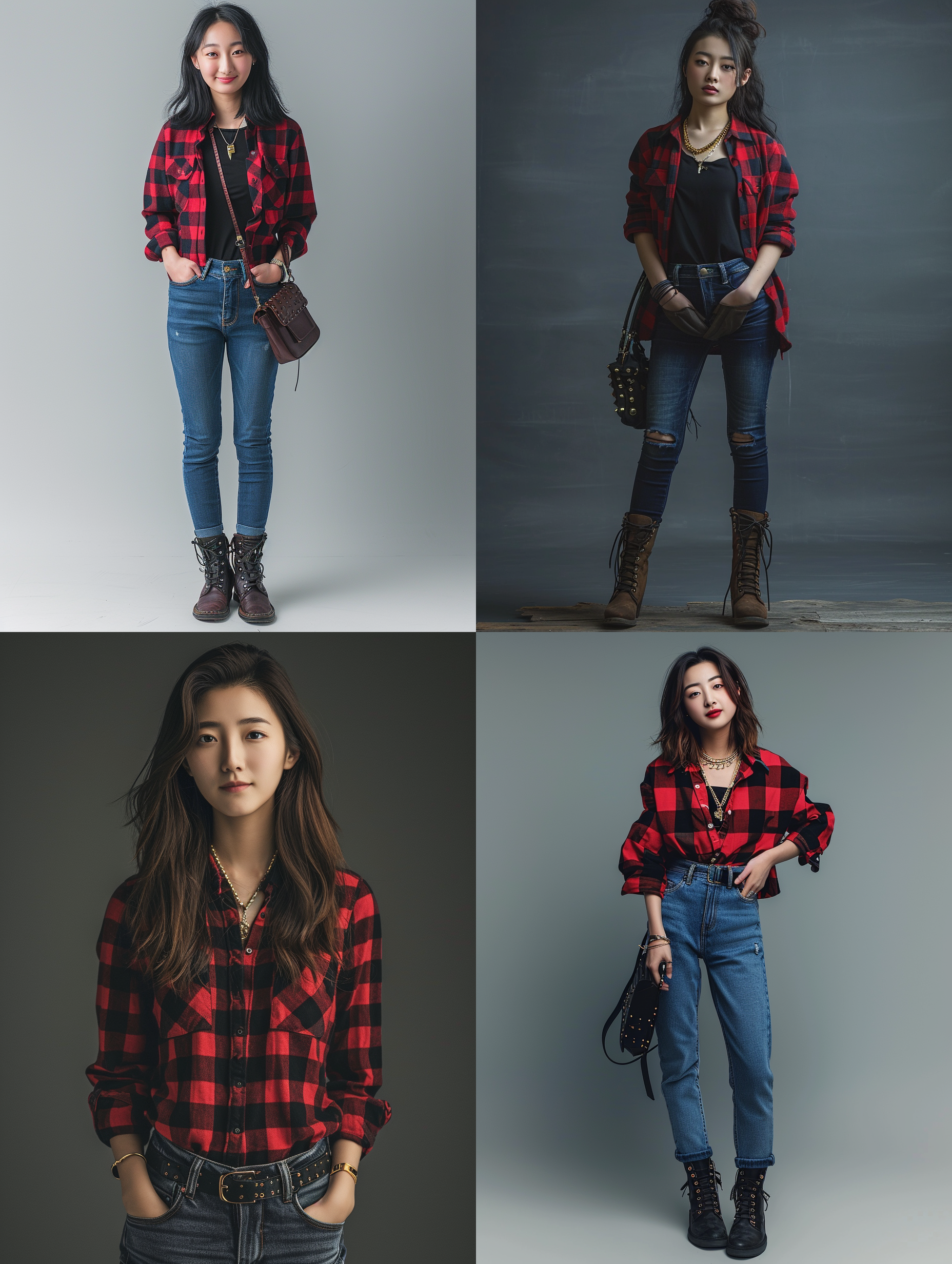a beautiful girl,25-years-old,chinese,smile,red and black plaid shirt,fitted jeans,ankle boots,gold necklace,textured rivet bag,studio,gradient grey background,front view,full body,long shot,portrait,symmetric,rembrandt lighting,ultra realistic