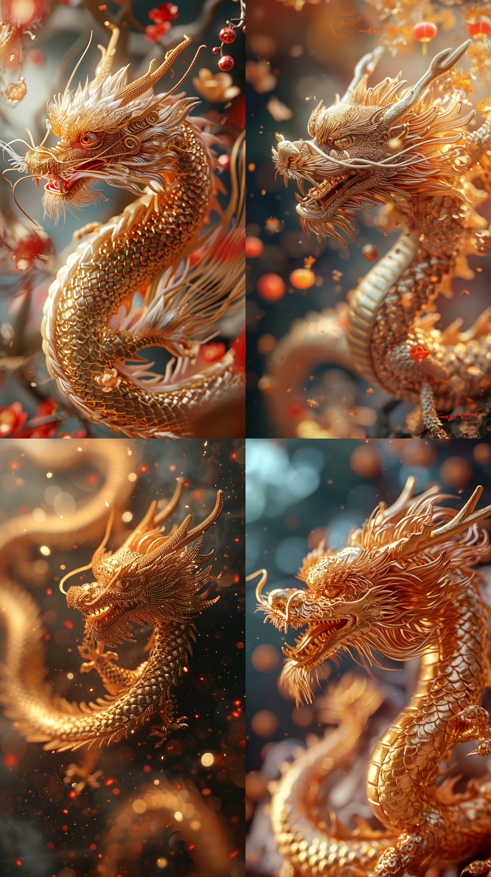 金色祥龙 中国刺绣 中国新年 喜庆 精湛的工艺 传统精华 广角视图 壮丽的场景 清晰轮廓照明 柔和照明 前景模糊 c4d oc渲染 超高细节