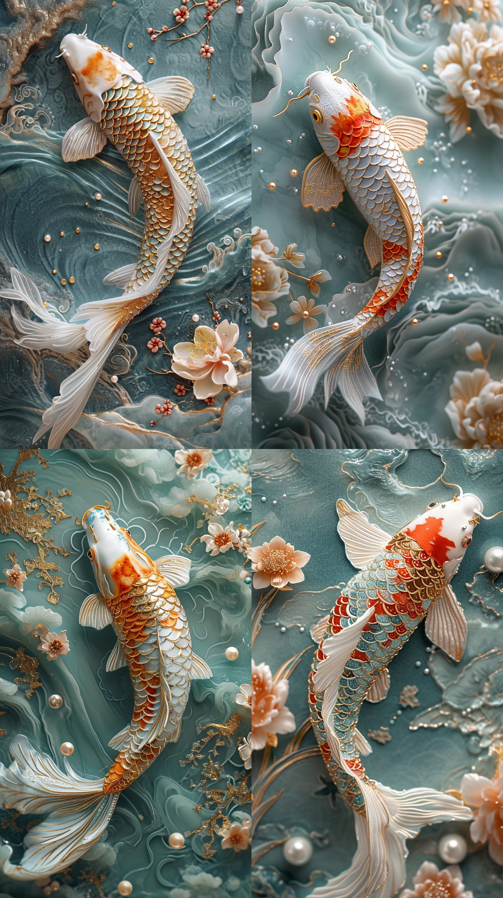 中国刺绣的锦鲤，贝母珠片，金线夹丝，小珍珠串点缀，以浅绿松石和金色的风格，浅白色和深蓝色，薄纱面料，精心设计，细致的细节，手绘细节，浅翡翠和白色，精湛的工艺，柔软，梦幻般的质量，多层，传统精华，有机材料，电影质感，前景模糊，c4d oc渲染，柔和照明， 广角视图，壮丽的场景，清晰轮廓照明