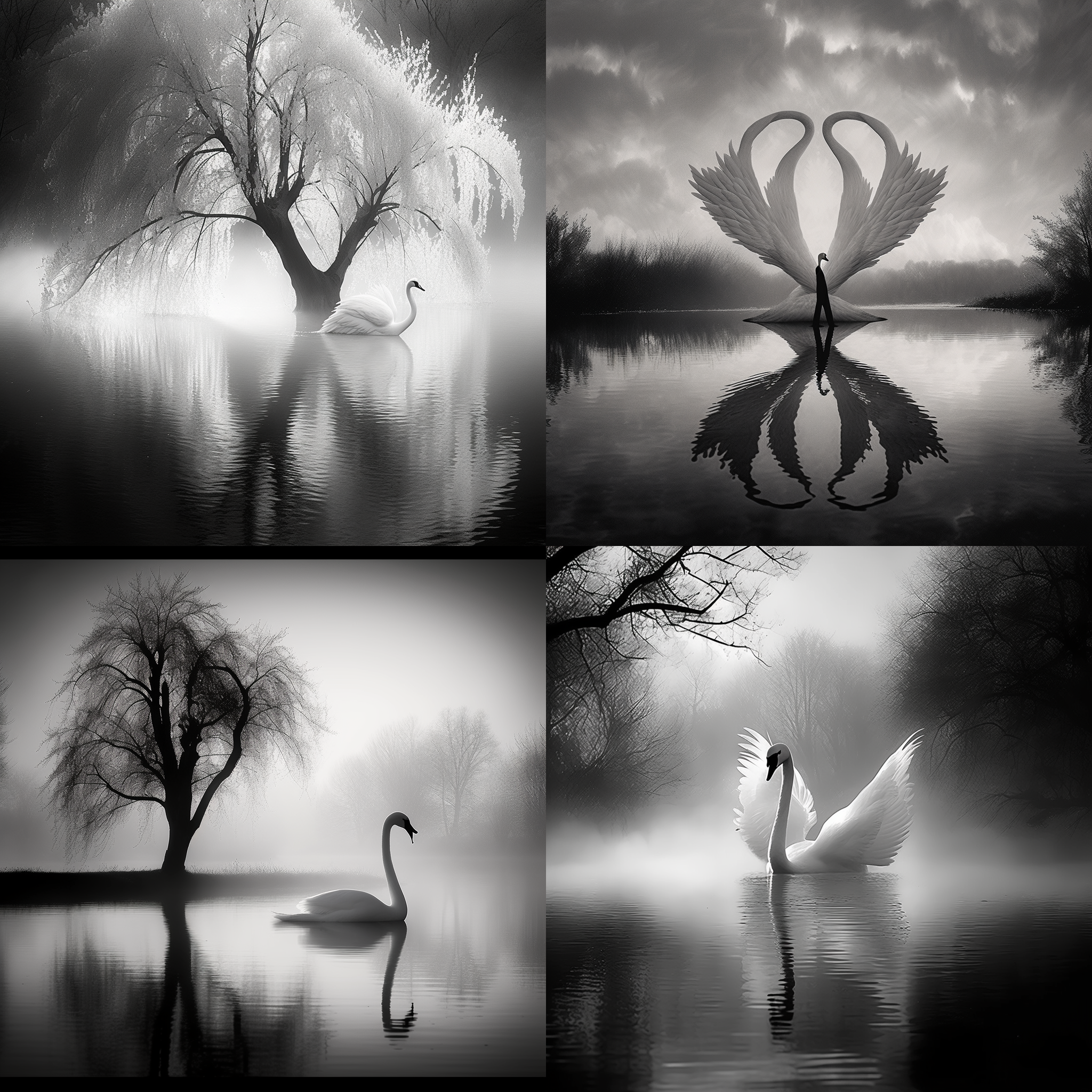 穿着收费员衣服的天鹅，优雅地滑行在湖面上。水面倒映着天鹅的身影，形成完美的对称构图。柔和的光线透过树枝洒在天鹅身上，营造出梦幻般的氛围。镜头使用长焦距，突出天鹅的细节。画面以黑白色调呈现，表达出宁静与神秘的情感。