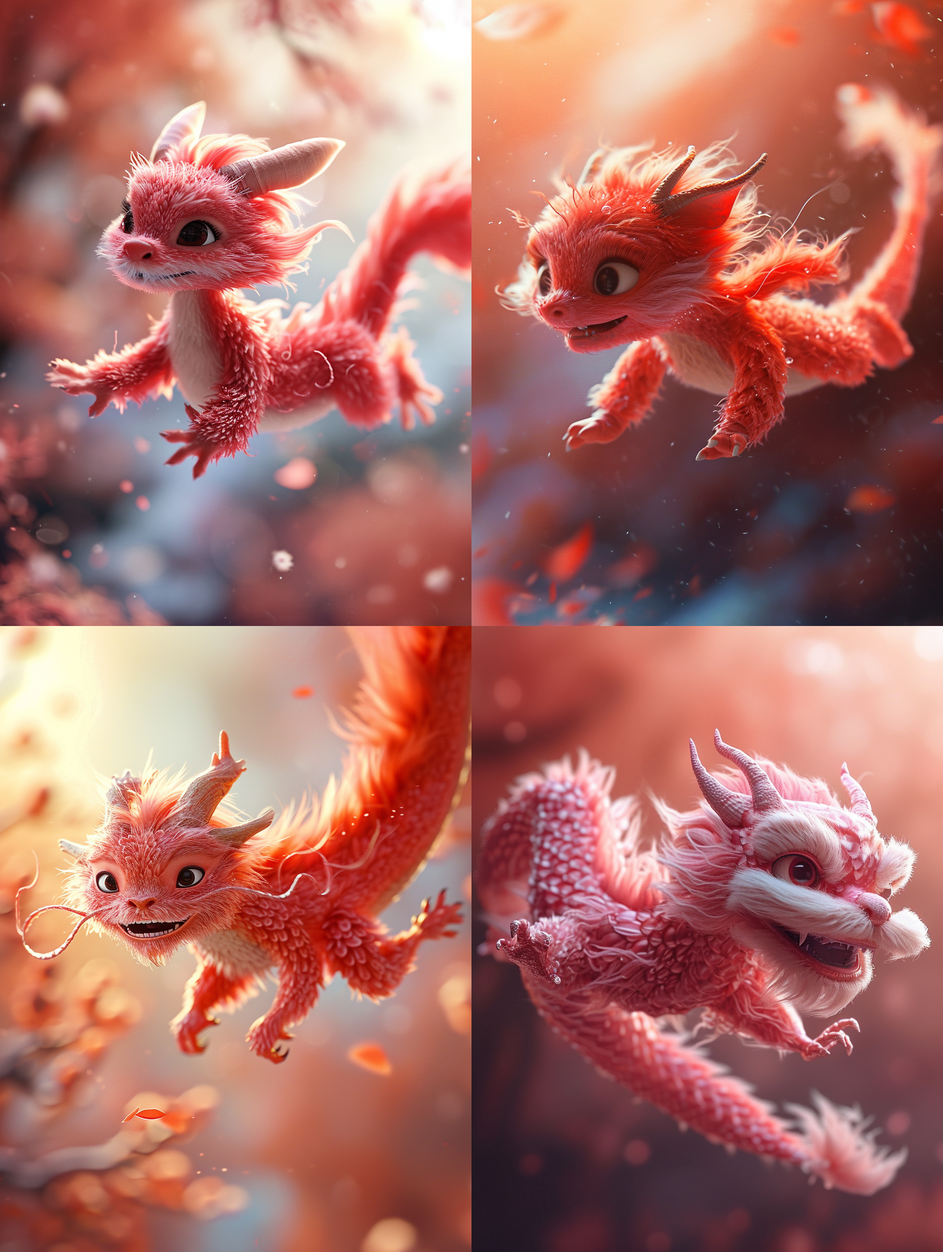 玫红色毛茸茸飞起来的中国小龙，呆萌，纯色渐变背景，高品质，皮克斯风格，柔光，可爱，温暖，细节丰富，饱和度高，焦距长，浅景深。