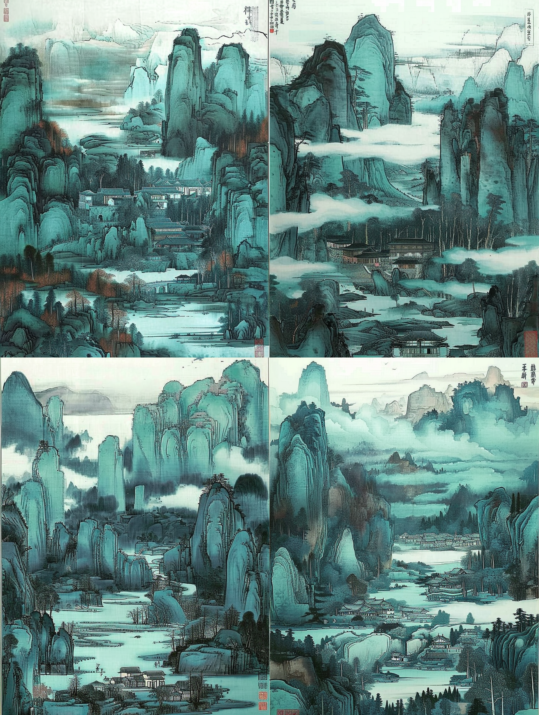 新式中国山水画，工笔山水，青灰绿山水，薛亮风格，高远，高古，神秘，线条清晰，高饱和色彩。