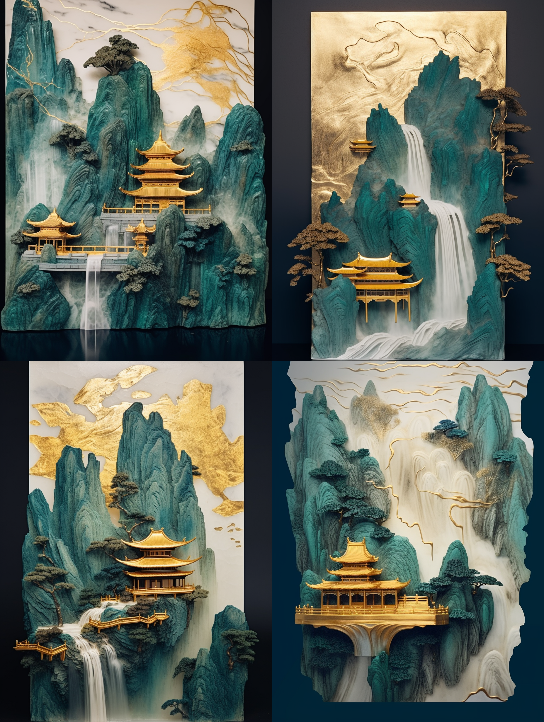 金镶边玉雕，超广角镜头，柔和线条，流动线条，中国山水画，白玉山，明亮的青色玉山，金色树木，飘动的云彩，顶部光照，明亮，水晶玻璃质感，极简主义。