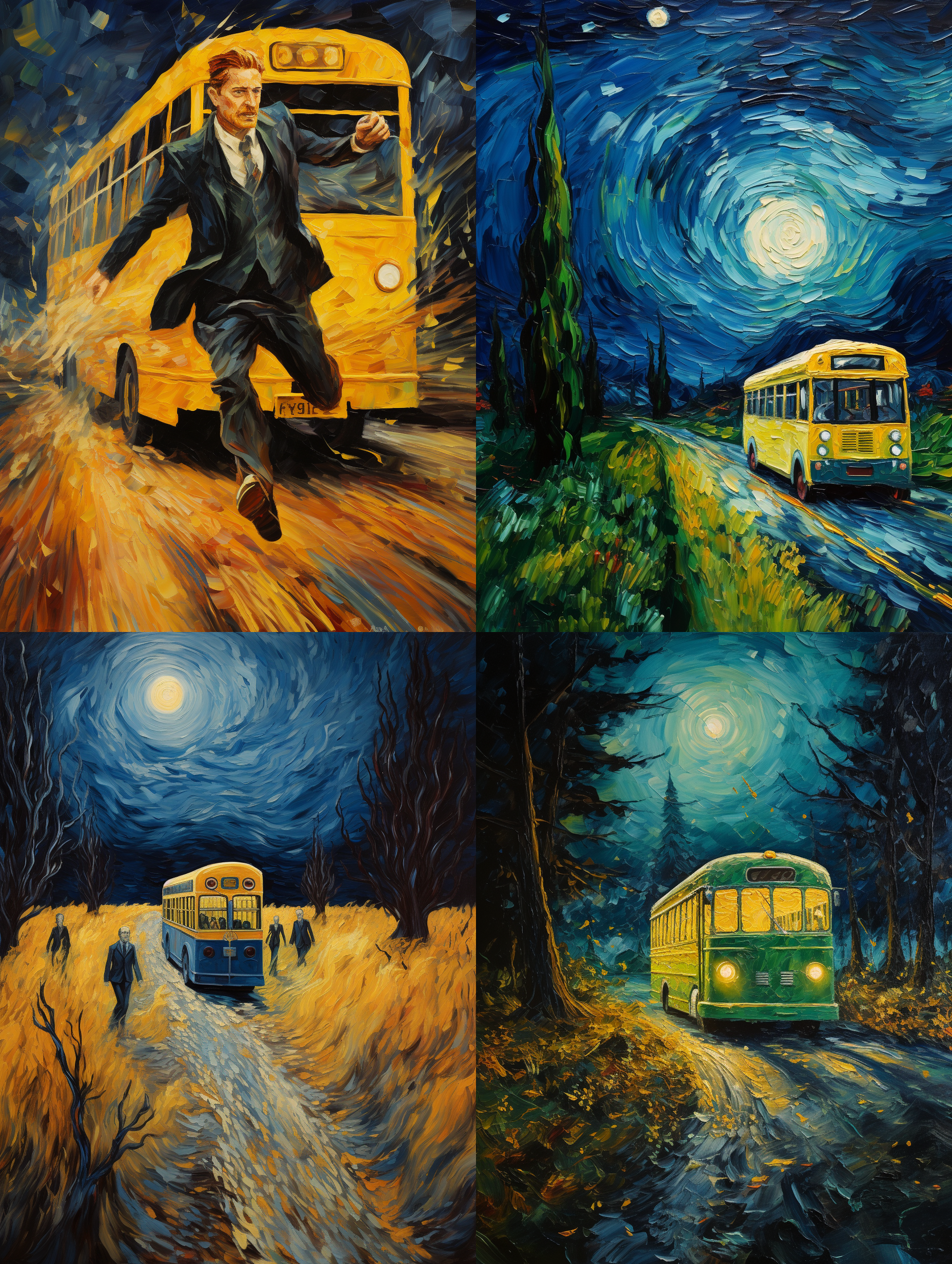 追逐公交车，梵高油画风格