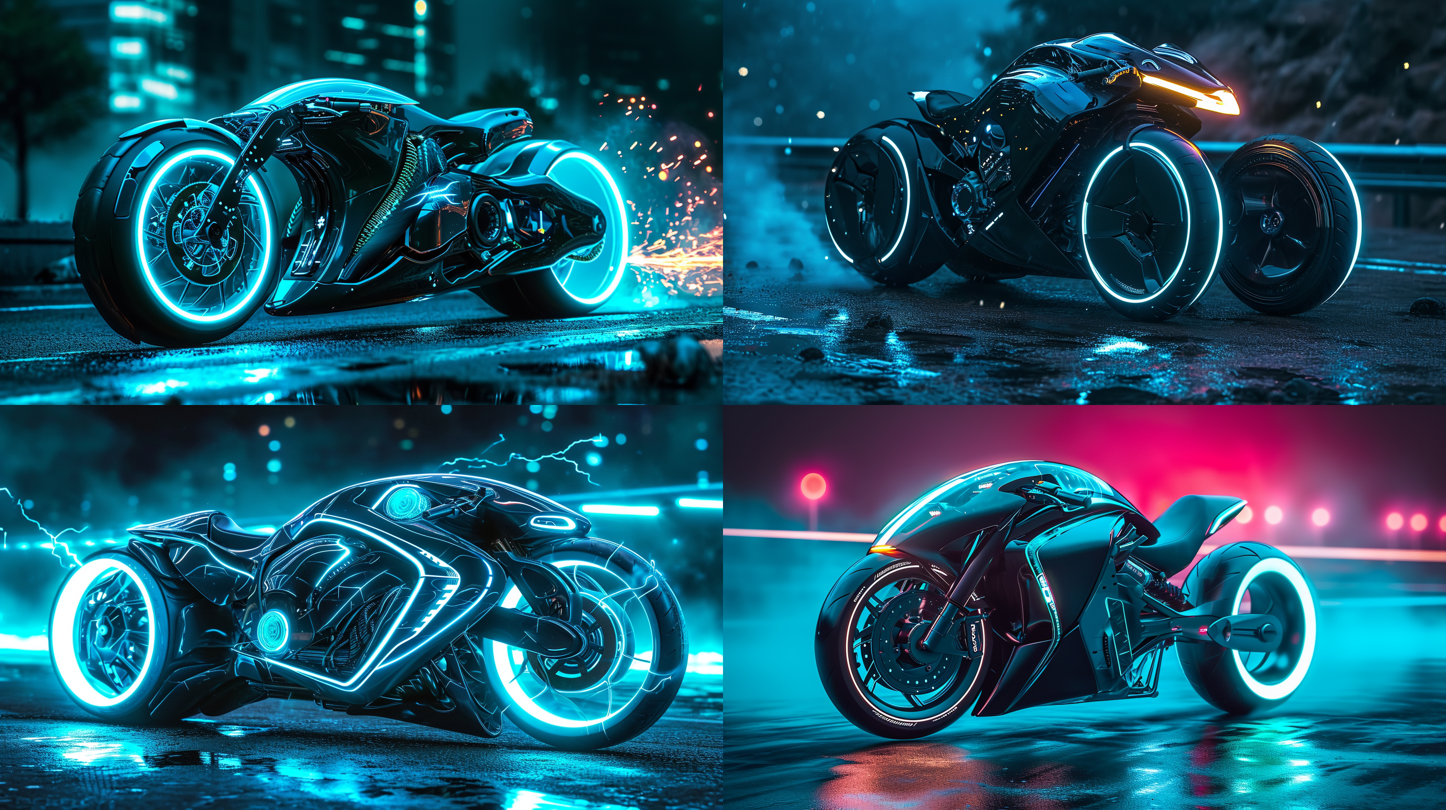 特斯拉摩托车，高科技感，人体工程学设计，科幻风格，黑色金属外观，流线型造型，独特的车轮设计，led灯光，智能控制面板，动感十足，未来感十足，电气火花，蓝色光线，霓虹色，激情四溢。
