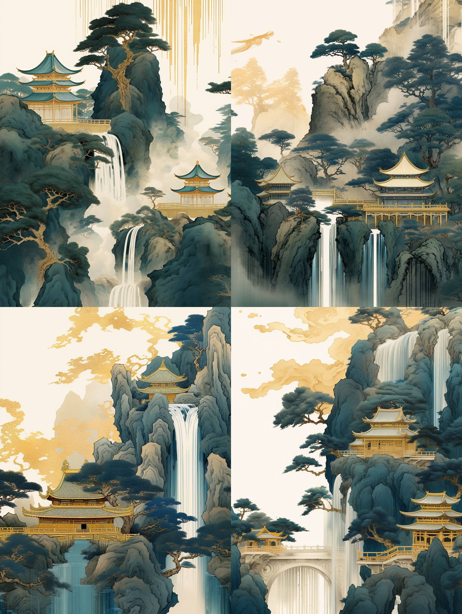 中国刺绣工艺，金蓝绿山水亭树，艺术创作，瀑布，纹理，镀金，液态金，极简色域，写意，白色，有机形态，简洁背景。