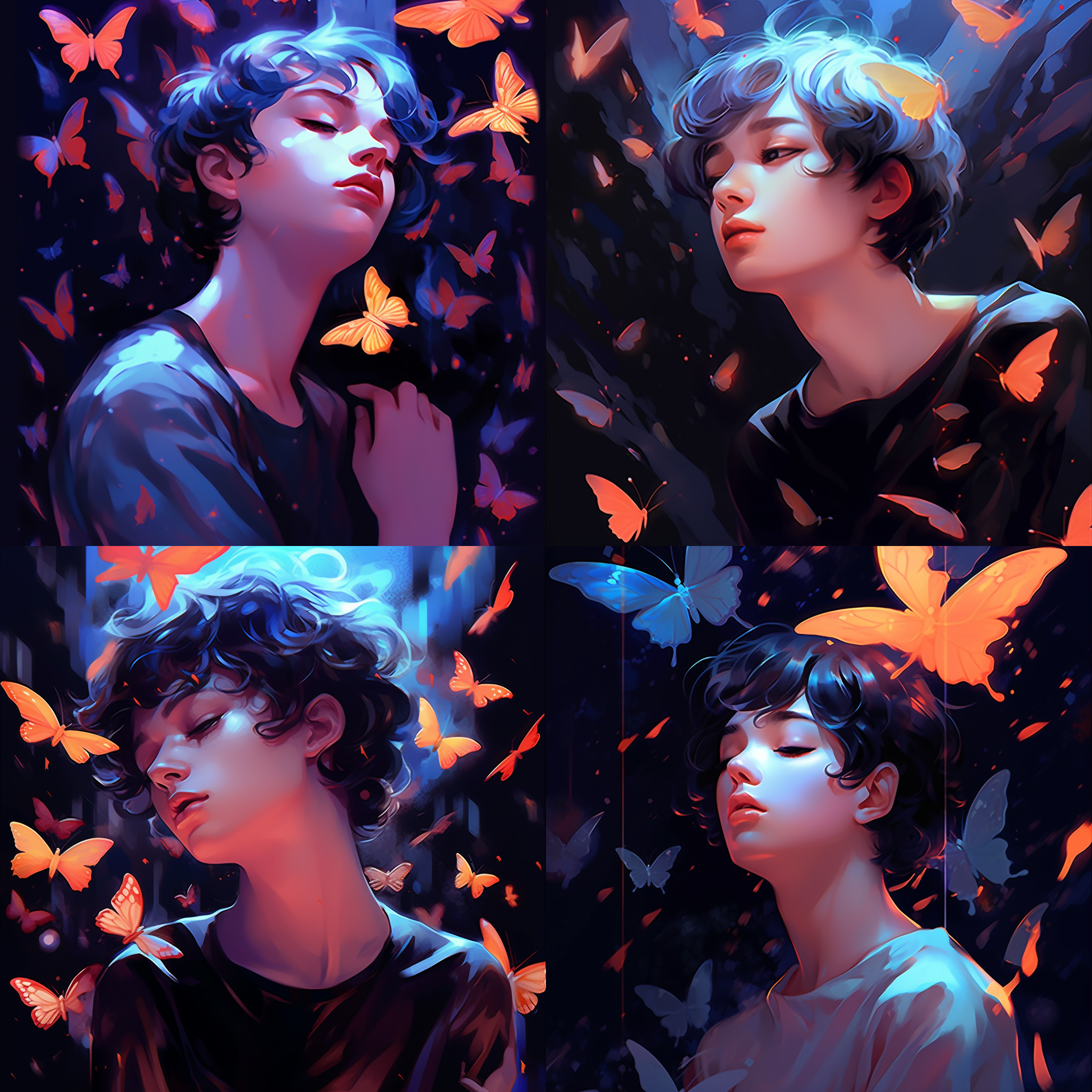 boy watching butterfly art, starry sky art troupe (stars) style, redshift style, huge proportions,realistic palette, karencore, dramatic lighting use,high key palette, otherworldly realism style, high key palette, rtx on, official art, karencore, majismo, karencore, close up