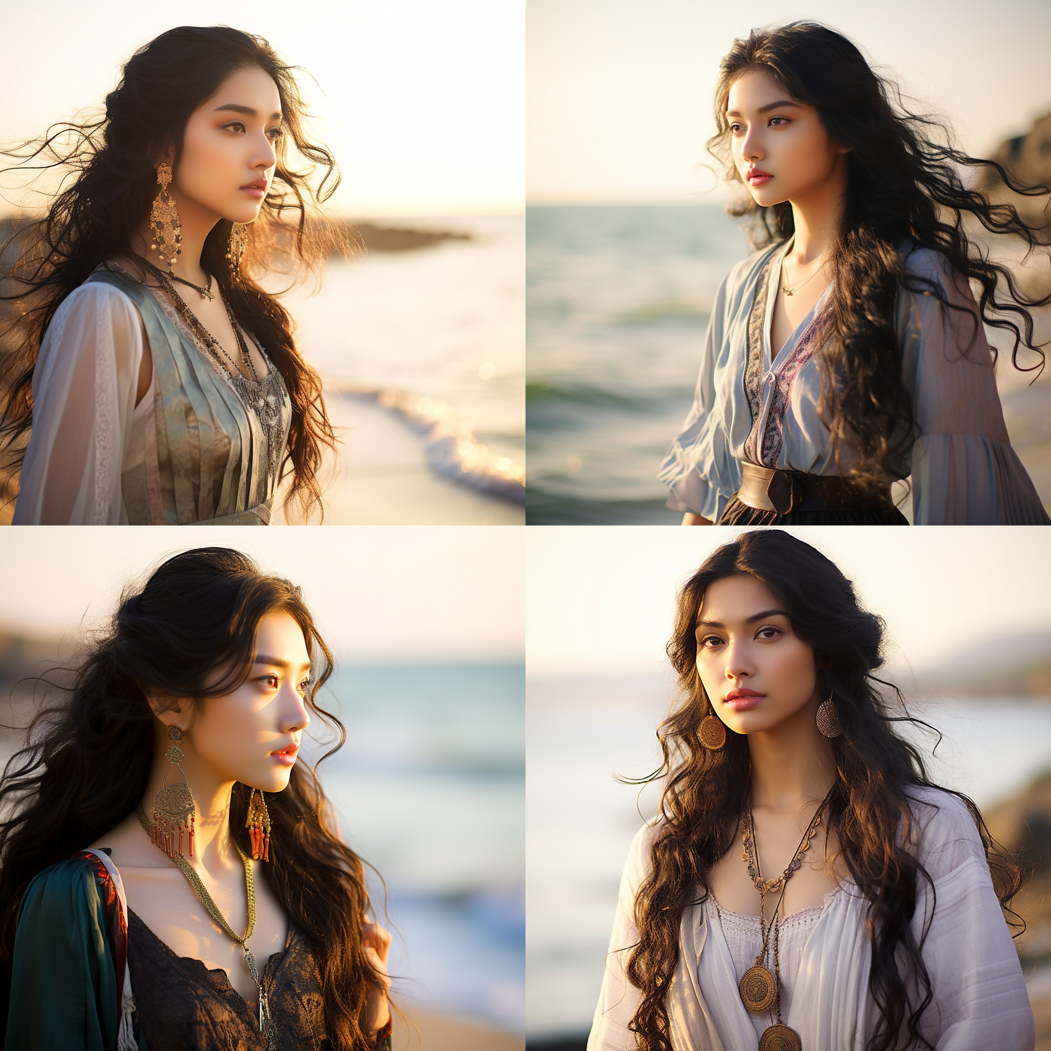 不漏胸，20岁美女，黑色长头发，五官精致，戴上耳环，站在阳光下，柔和光线，浅景深，波浪拍打岸边，一位女性身穿古装。放松，自信，夏日，自然，柔美，清新，舒适，自由，温暖，梦幻。 半身
