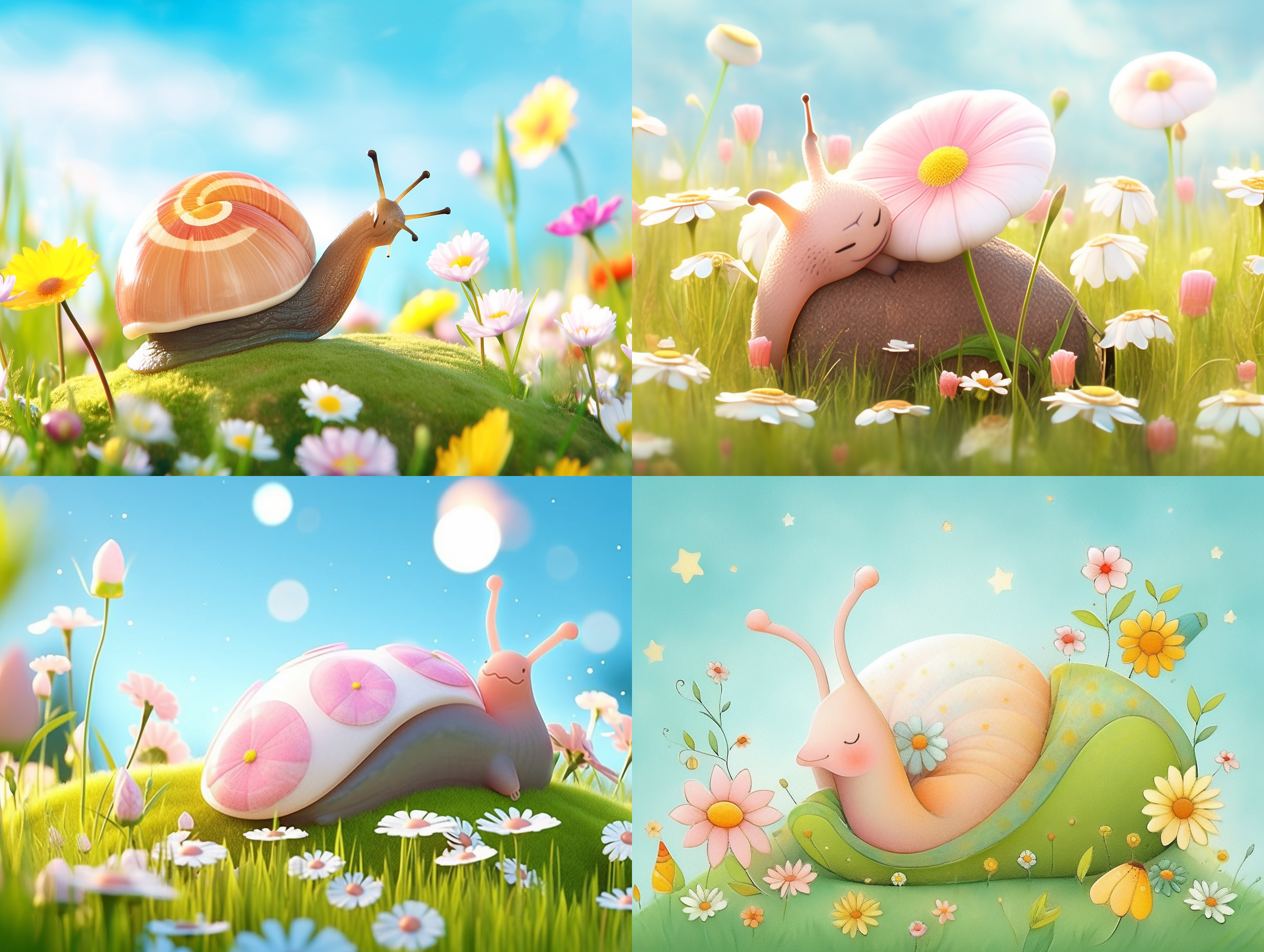 小蜗牛沉睡在一朵绽放的鲜花上，周围是柔和的糖果色调。梦境中的场景充满童话般的奇幻感，透过明亮的阳光，可以看到蓝天白云和绿草如茵的田野。小蜗牛的表情充满了安详和甜美的微笑，仿佛置身于一个美好的世界。绘本画风，柔和糖果色调，明亮的阳光，童话般的奇幻感，小蜗牛的安详微笑。