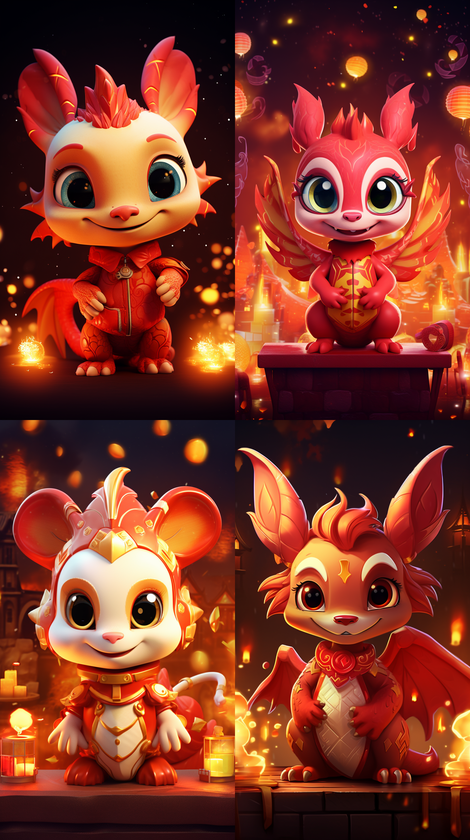 萌萌的小龙，可爱摆pose，烟花，灯笼，新年素材元素装饰，红色背景，明亮而柔和的光线，细节丰富，眼神友善。小龙位于中心，摆出可爱的姿势，周围环绕着华丽的烟花和灯笼，烘托出浓厚的新年氛围。整体构图对称平衡，色彩鲜艳，充满喜庆与温暖。