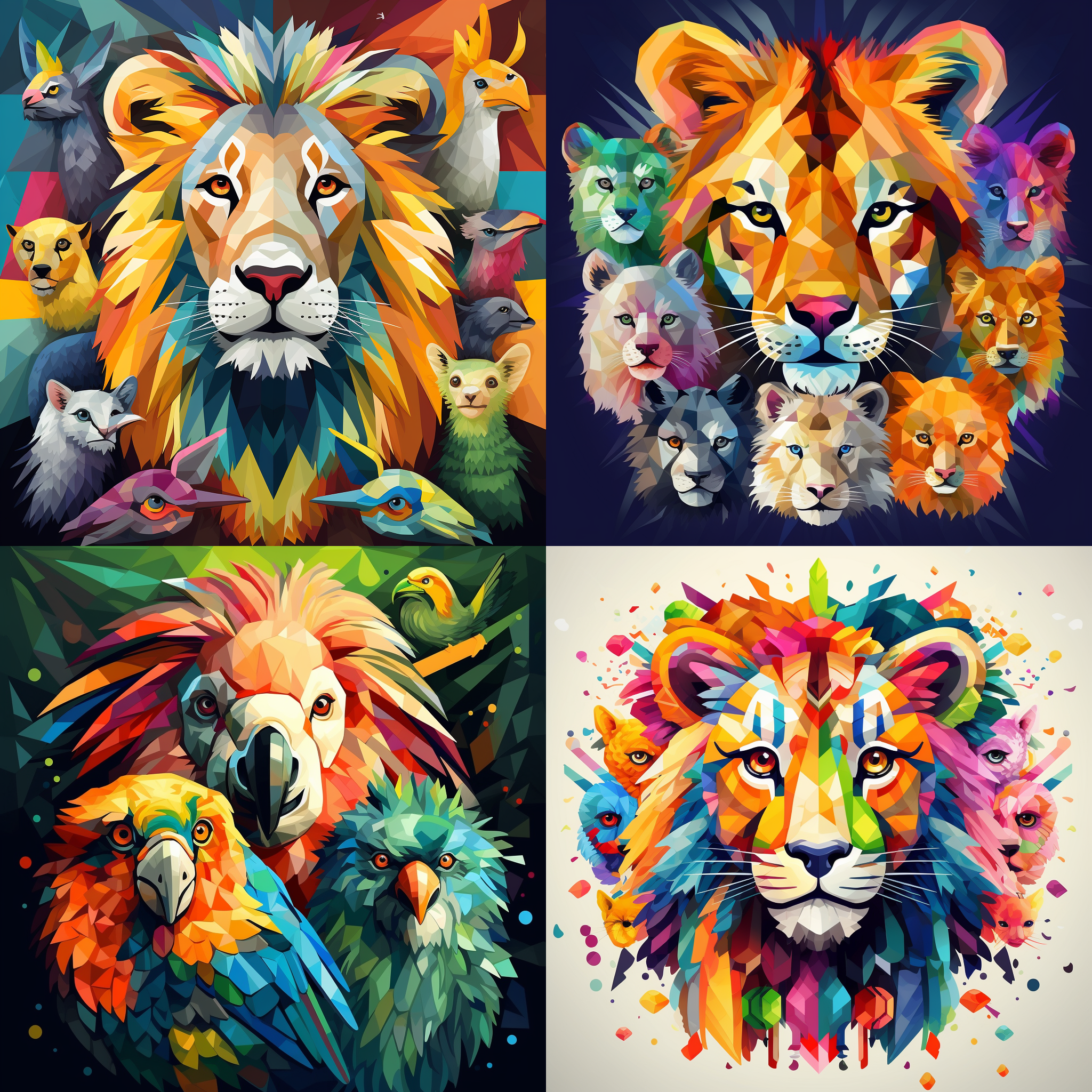 动物头像，像素风格，多样化，鲜艳色彩，扁平化，正面视角，细节丰富，欢快表情，多种动物，立体感，对比明显，简洁背景，像素点，生动。