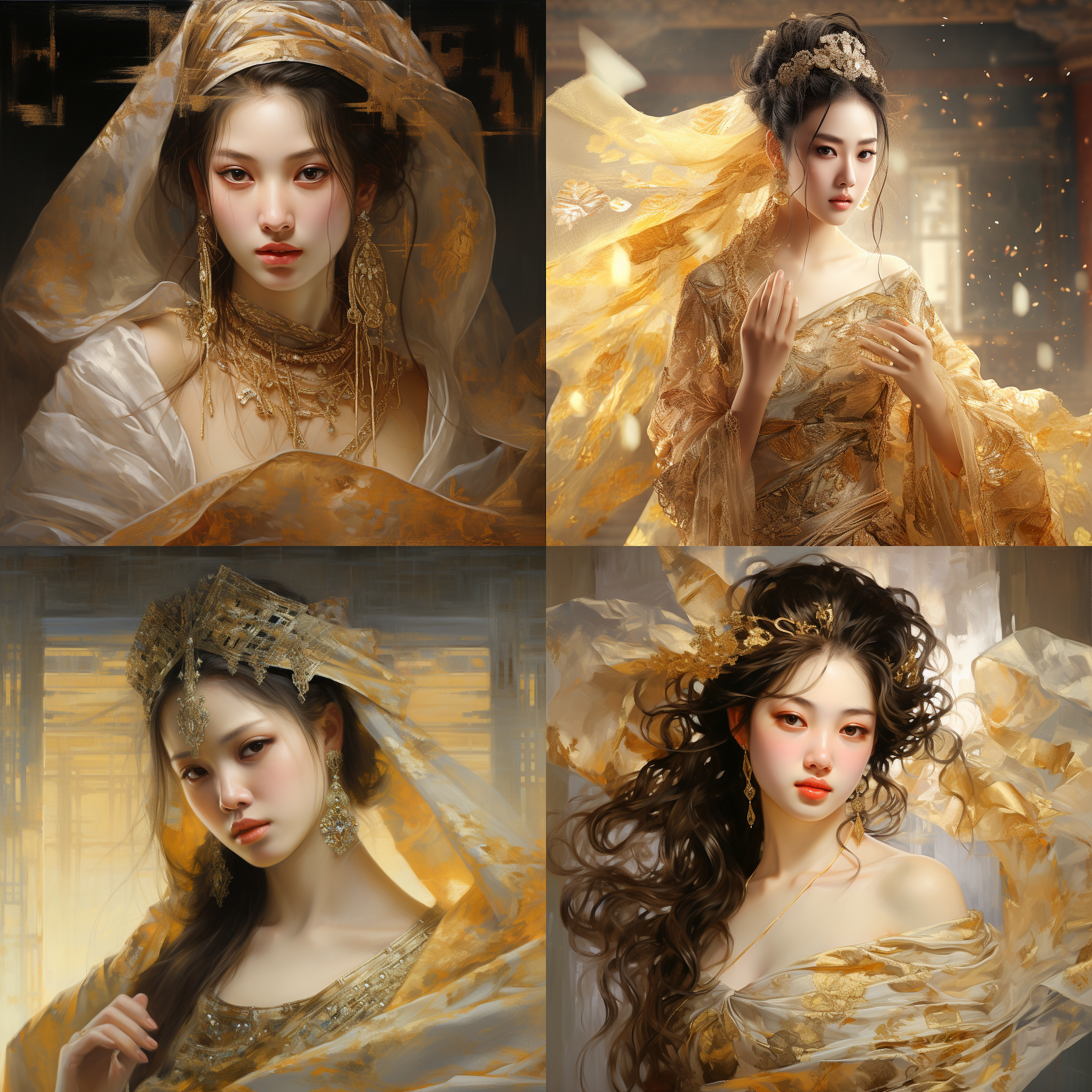 美丽的女子，身着金纱和精致的配饰，拥有真实的面部特征和阳光照射下的容颜。雪花、赵氏风格油画，极端特写镜头，穿着美丽而精致的宽松金纱材料服装中舞动，美丽的光线，极其精美的面部细节和棕色眼睛，流动的丝绸，精致的面纱，清晰立体的面部特征，坚实的背景，32k，为艺术描绘增添了悲伤和寂静。uhd