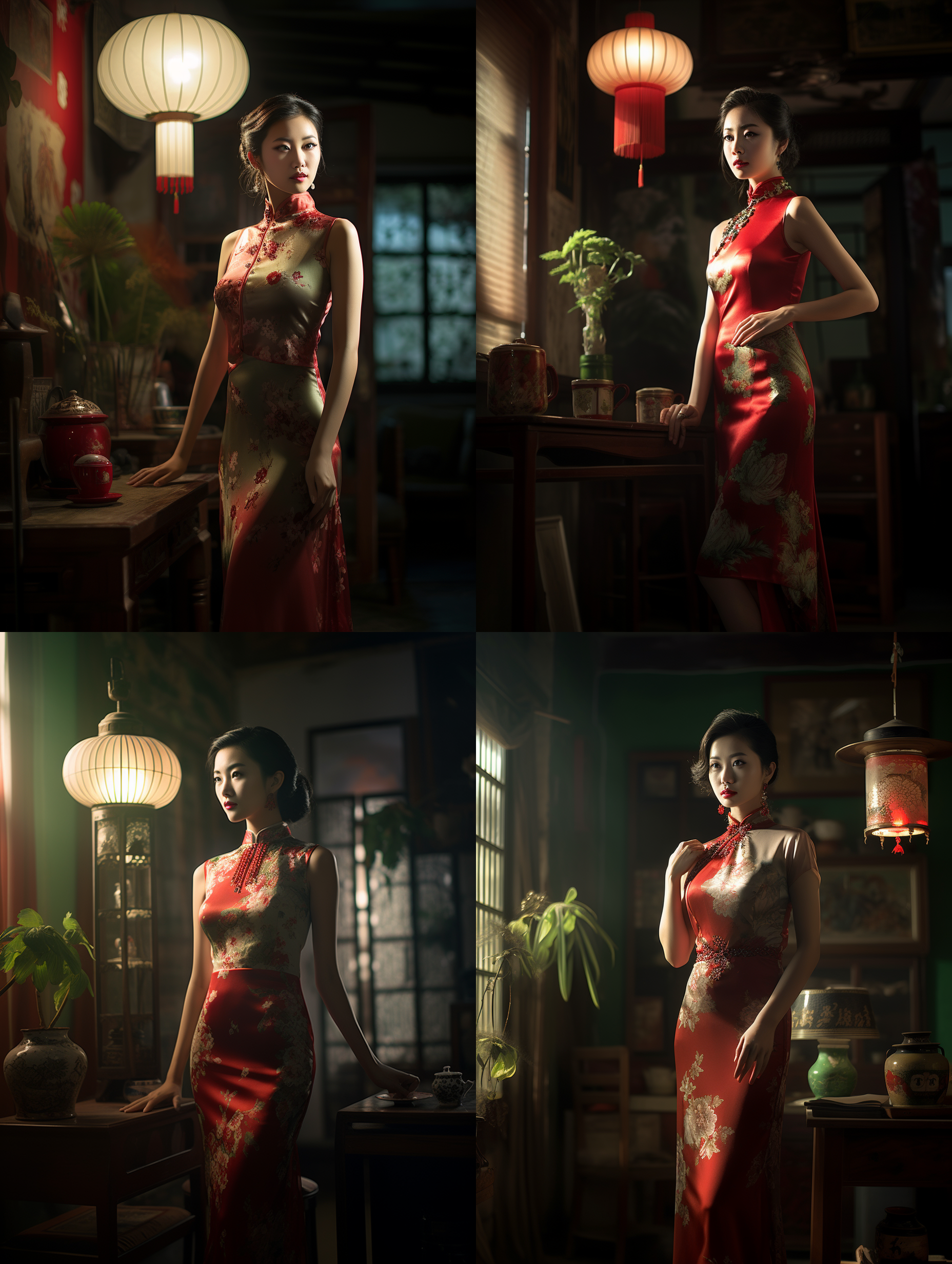 室内暖光下，一位身材高挑的中国旗袍美女优雅地站立着。摄像效果真实，全身照展现她的漂亮容貌。照片采用广角镜头，突出她的身姿和旗袍的细节。柔和的暖光增添了画面的温暖感。