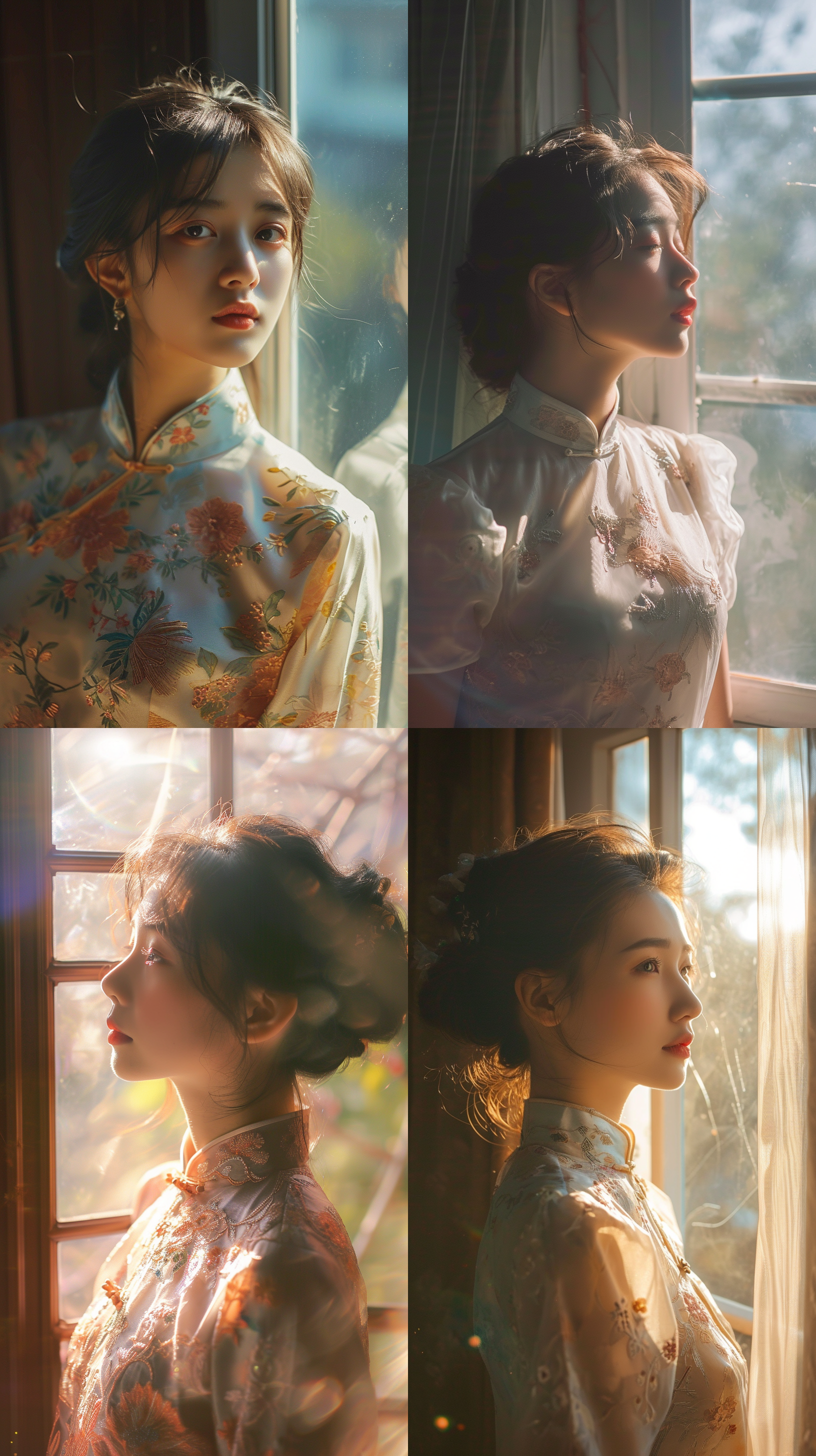 一个美丽的女子站在窗户前，欣赏窗外的风景，阳光正好打在脸上，仙气飘飘，8k 刺绣 中式服装 旗袍 丝绸 超现实主义 镜头光晕 刺绣 中式服装 旗袍 丝绸 超现实主义 镜头光晕