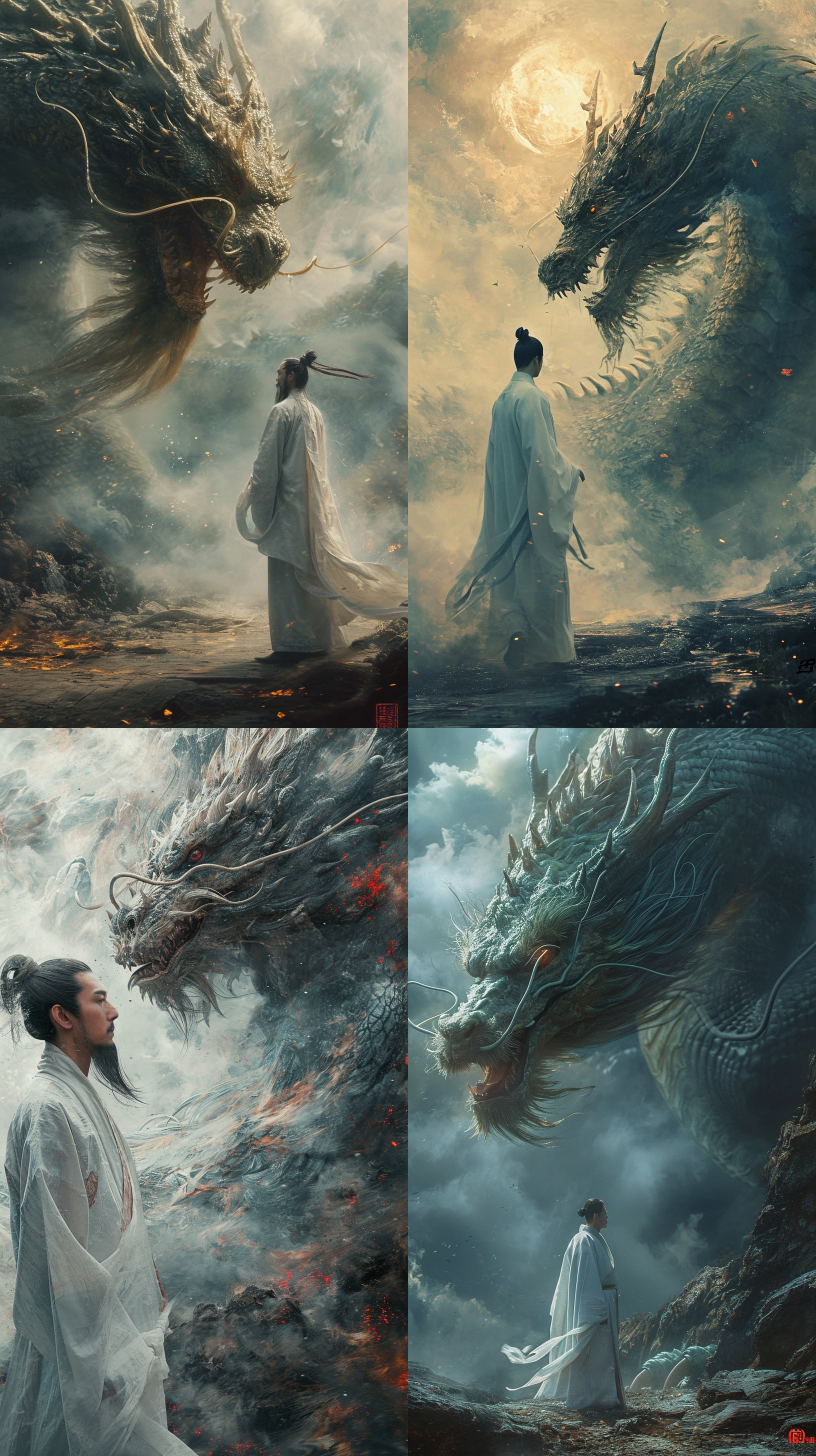 白袍男子与中国龙对视，哑光油画，幻想艺术，电影灯光，c4d渲染，超高分辨率，精细细节，32k，栩栩如生，神秘氛围，暗色调，细腻笔触，壮丽景象。