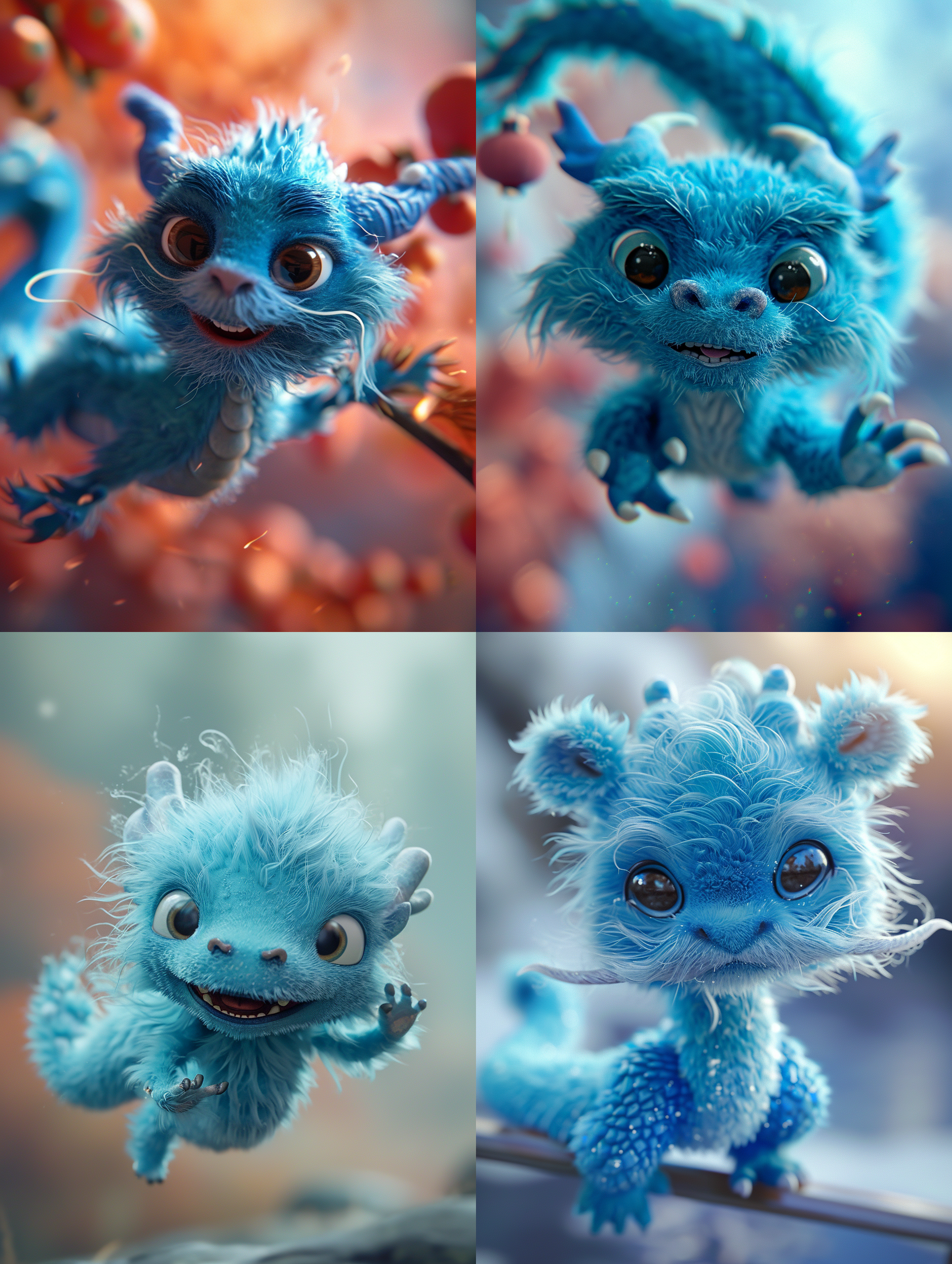 蓝色毛茸茸飞起来的中国小龙，呆萌，纯色渐变背景，高品质，皮克斯风格，柔光，可爱，温暖，细节丰富，饱和度高，焦距长，浅景深。