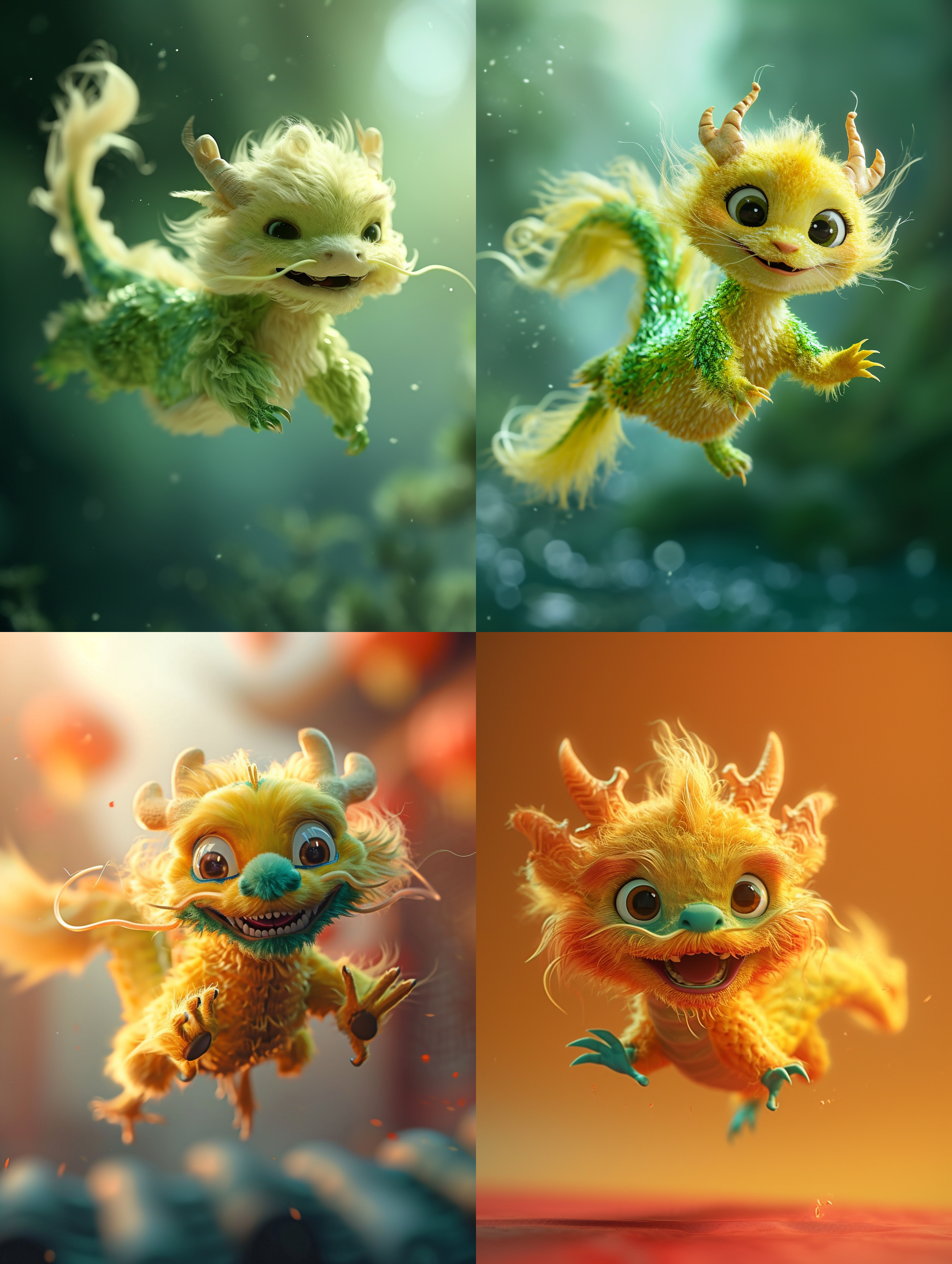 黄绿色毛茸茸飞起来的中国小龙，呆萌，纯色渐变背景，高品质，皮克斯风格，柔光，可爱，温暖，细节丰富，饱和度高，焦距长，浅景深。