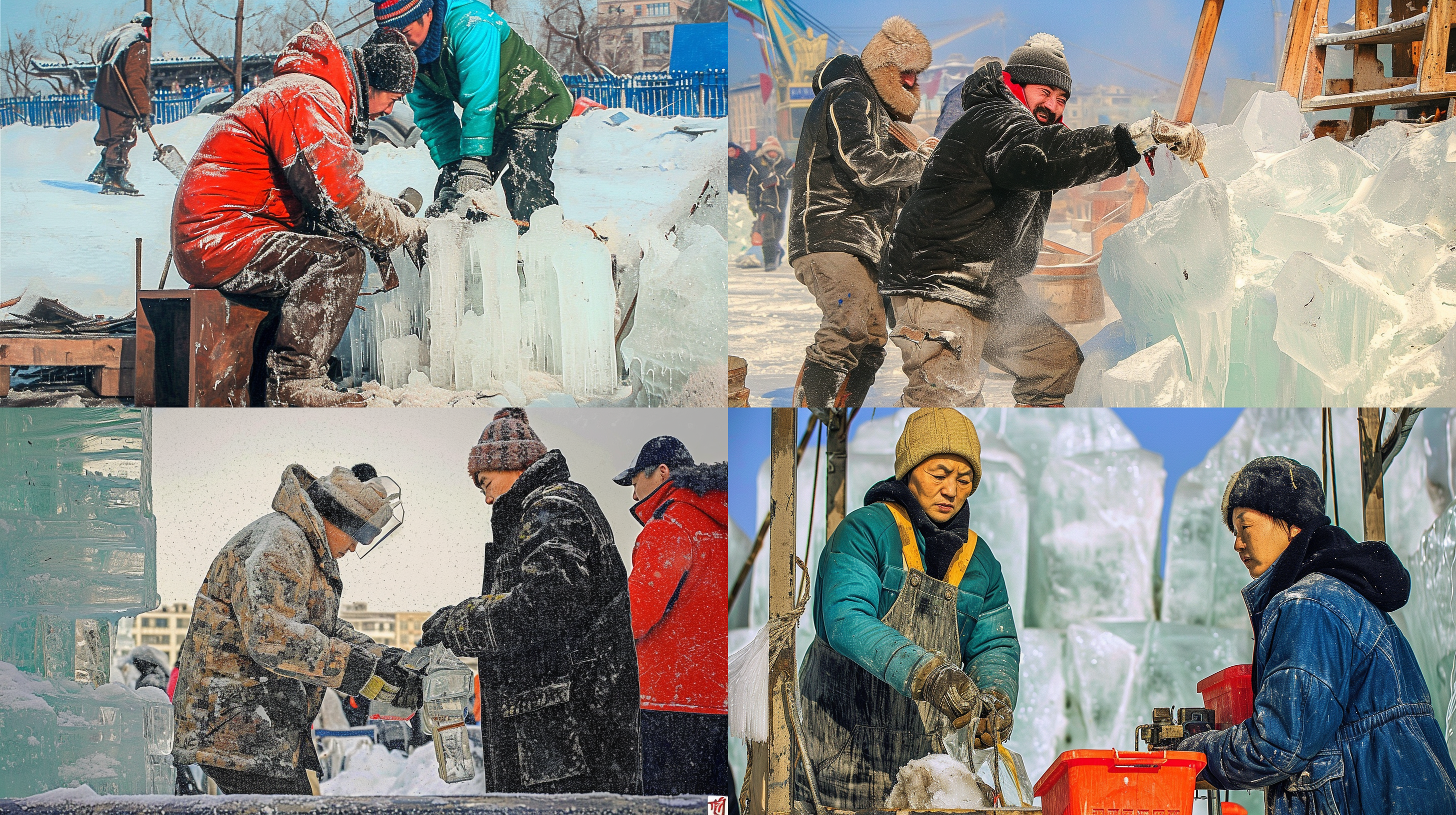 一张油画，内容为哈尔滨冰雪大世界采冰工人，四到五人组合，主要人物个体突出，体现劳动人民辛苦艰辛，疏密结合，黄金比例构图，现实主义风格，明暗对比强烈。